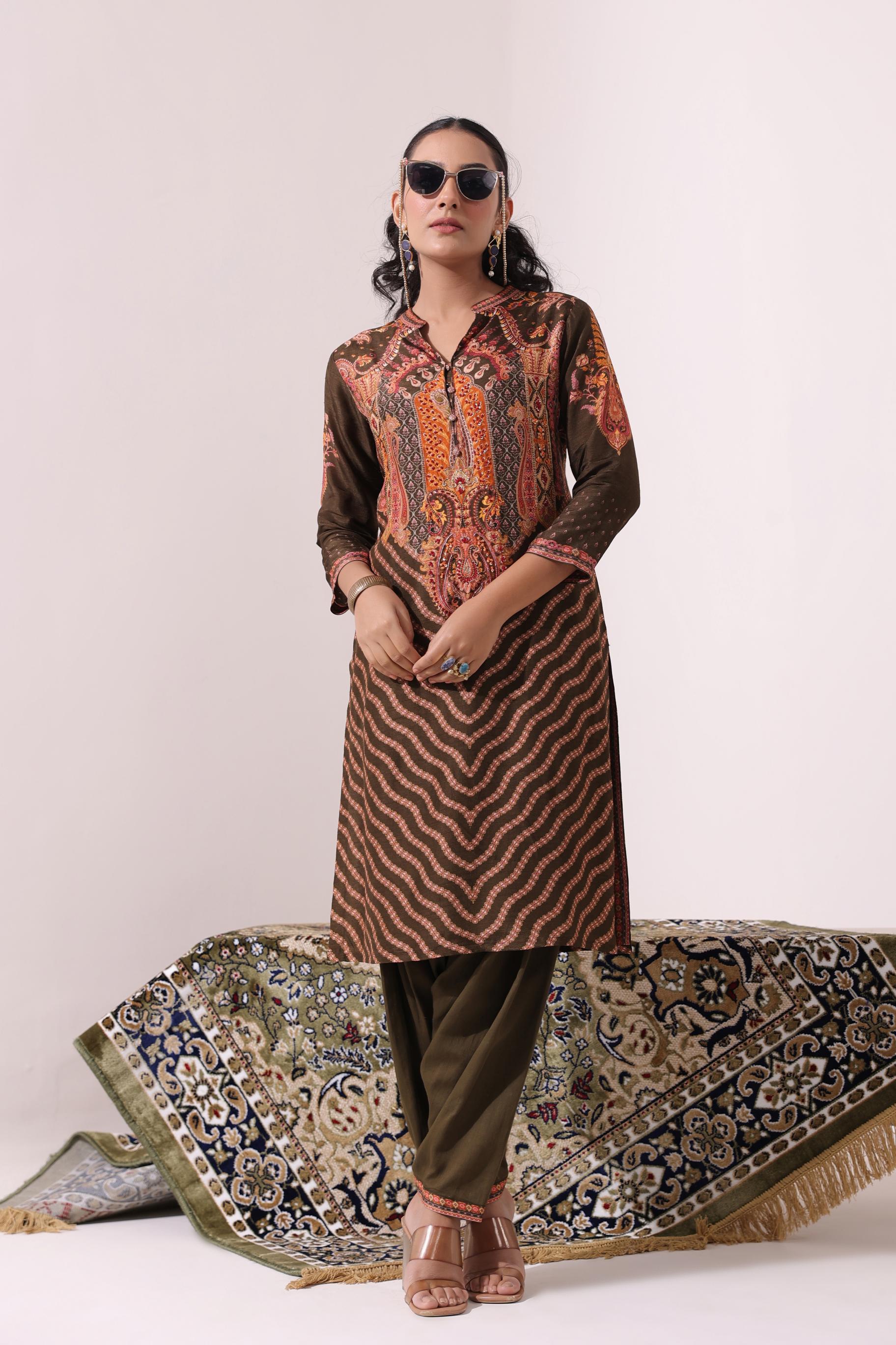 Black Traditional Printed Dola Silk Salwar Set