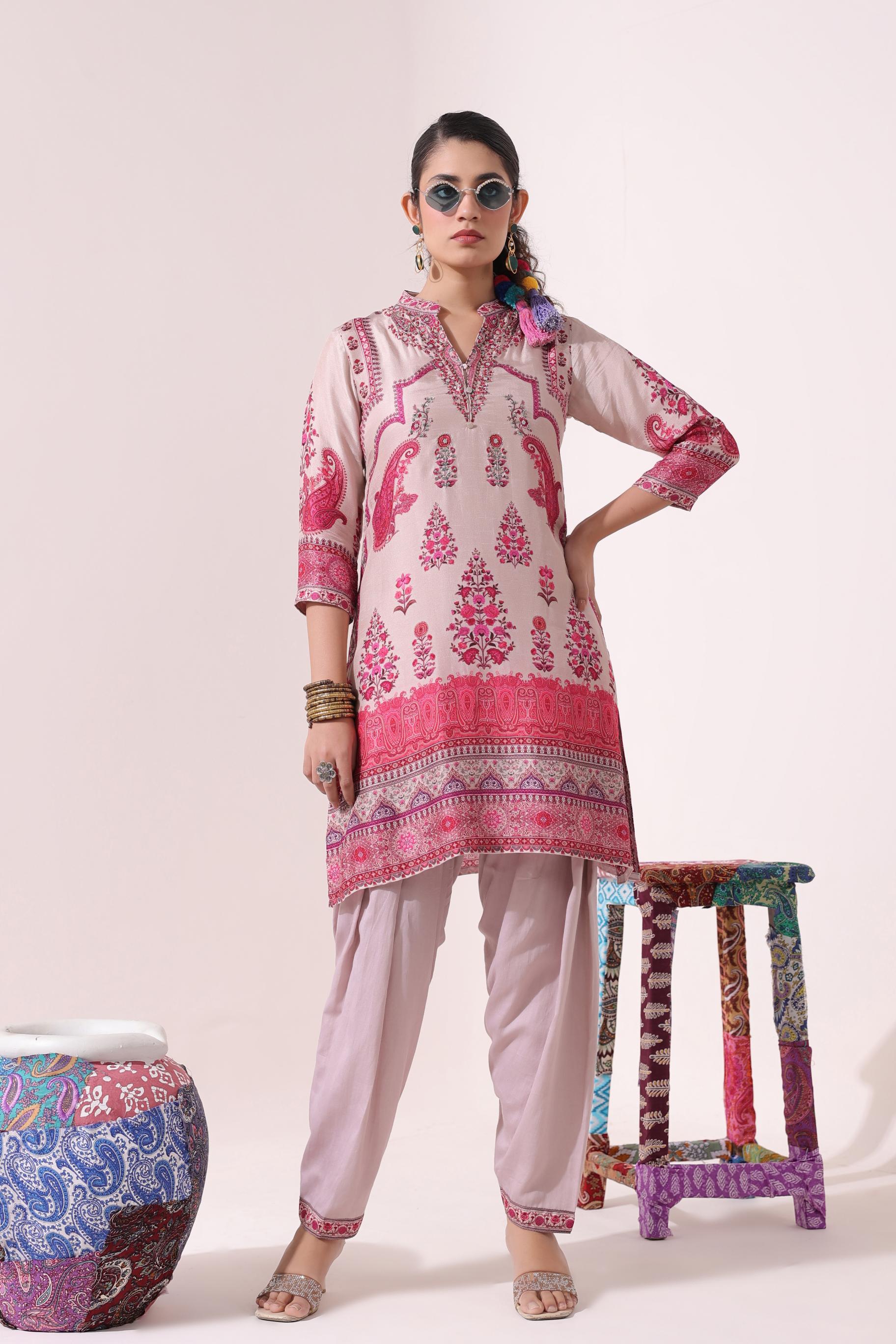 Misty Rose Pink Traditional Printed Dola Silk Patiala Salwar Set