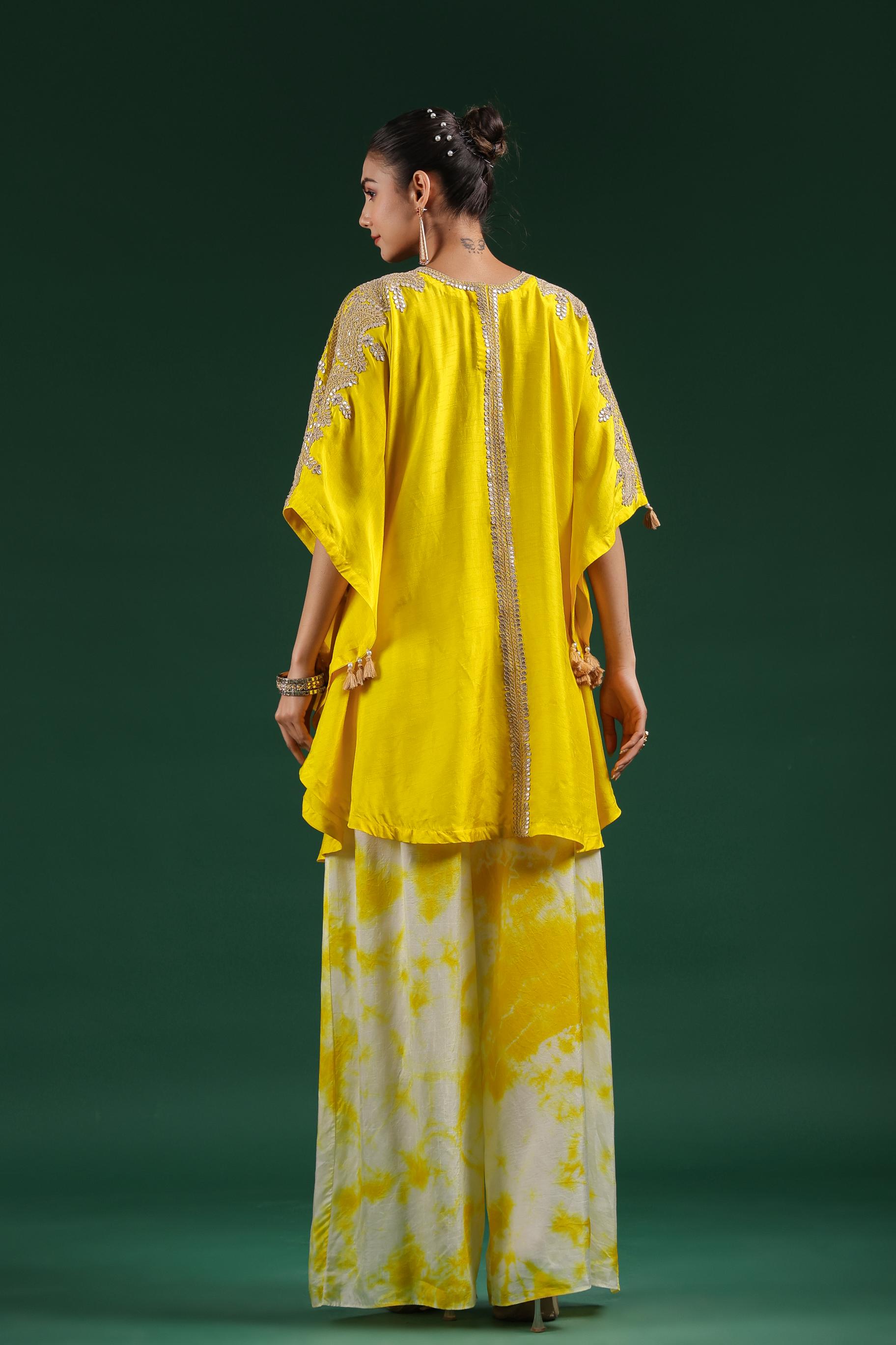 Bright Yellow Embellished Raw Silk Kaftan & Palazzo Set