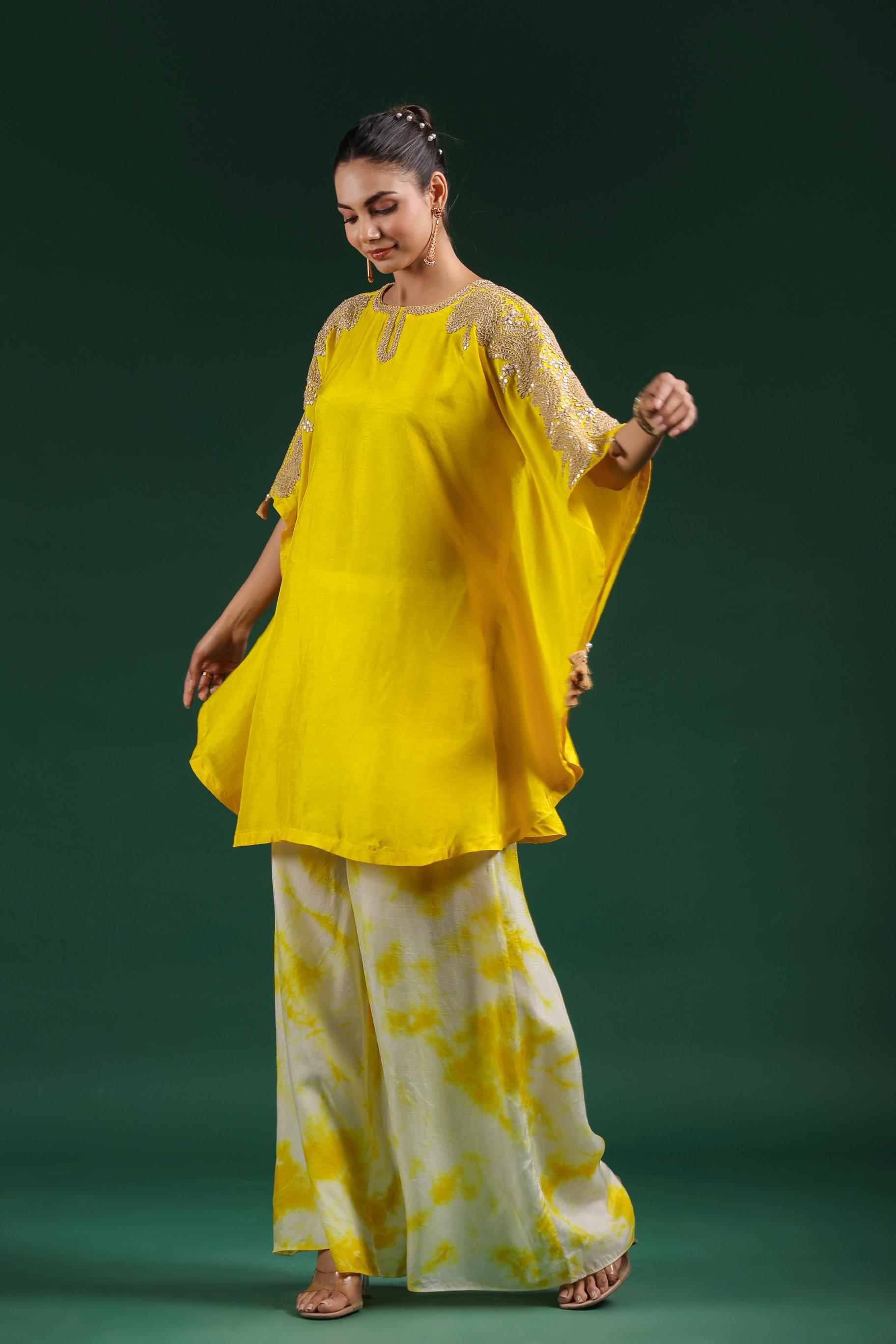 Bright Yellow Embellished Raw Silk Kaftan & Palazzo Set