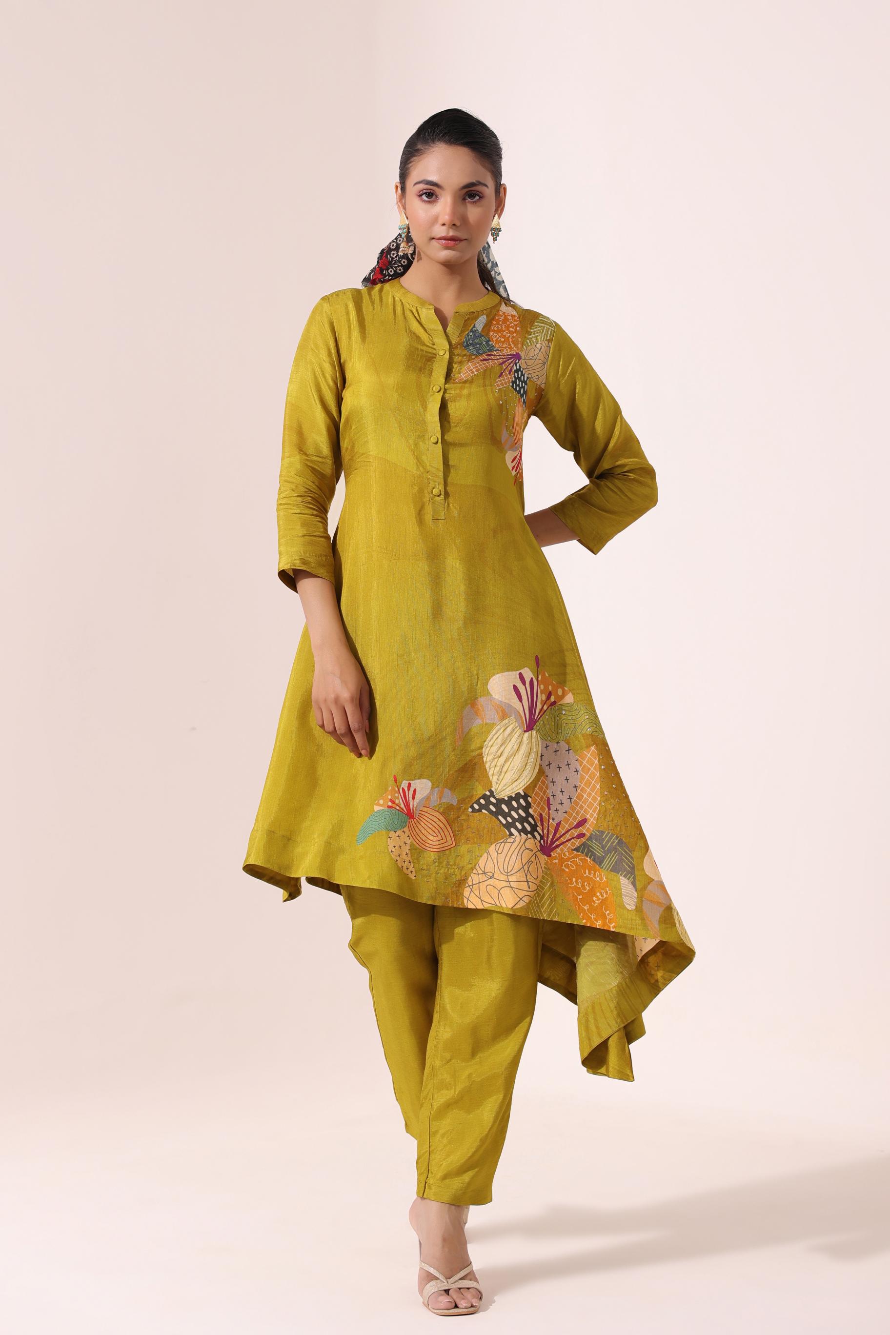 Ochre Yellow Digital Printed Dola Silk Kurti & Pant Set
