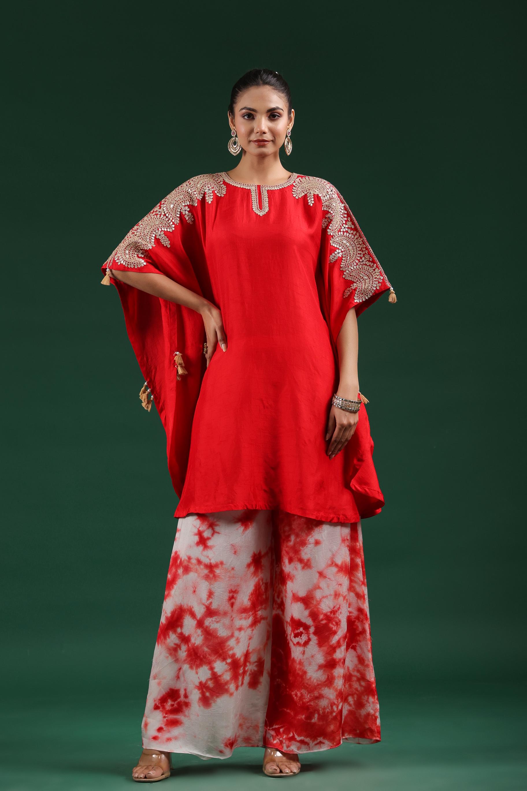 Red Embellished Raw Silk Kaftan & Palazzo Set