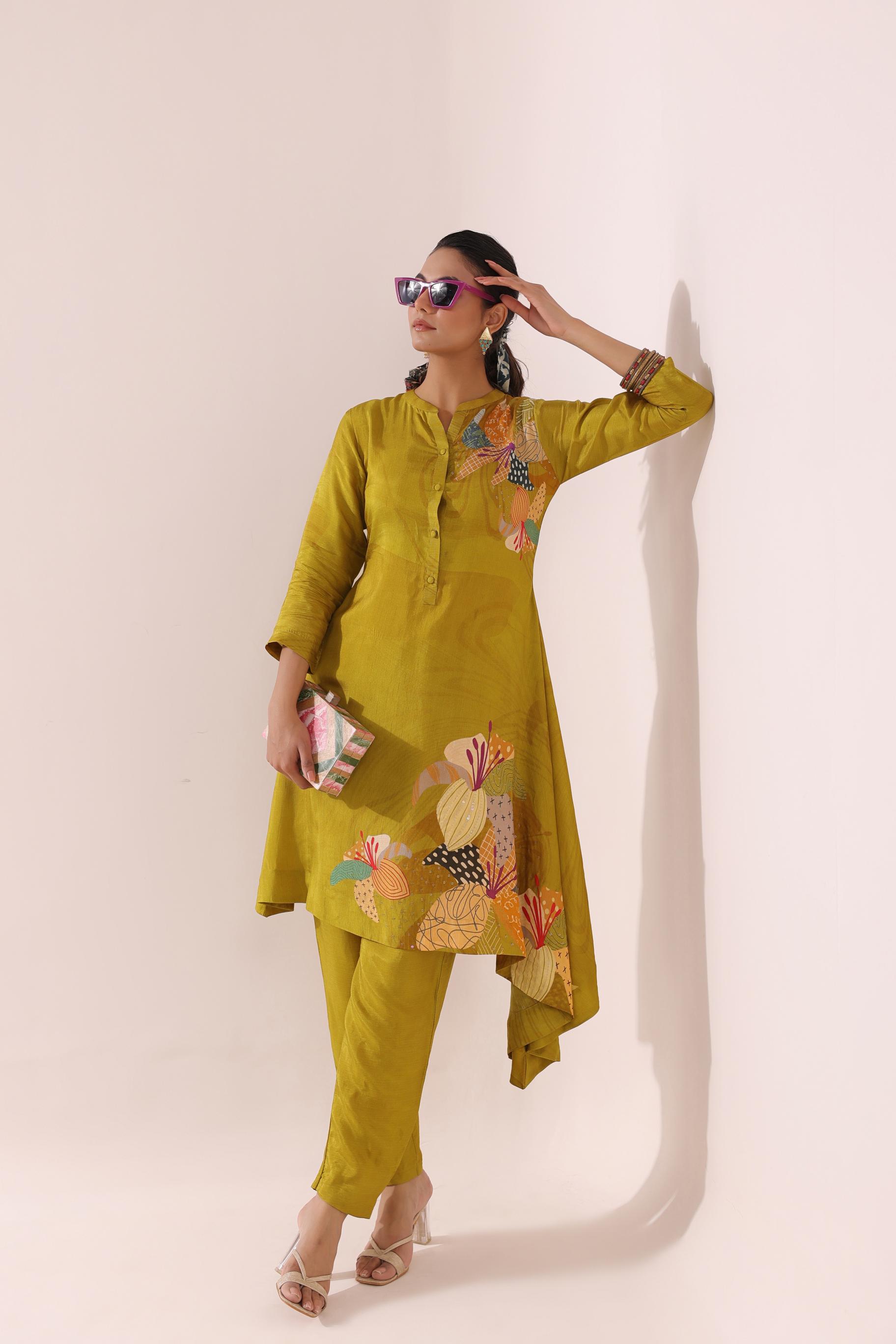 Ochre Yellow Digital Printed Dola Silk Kurti & Pant Set