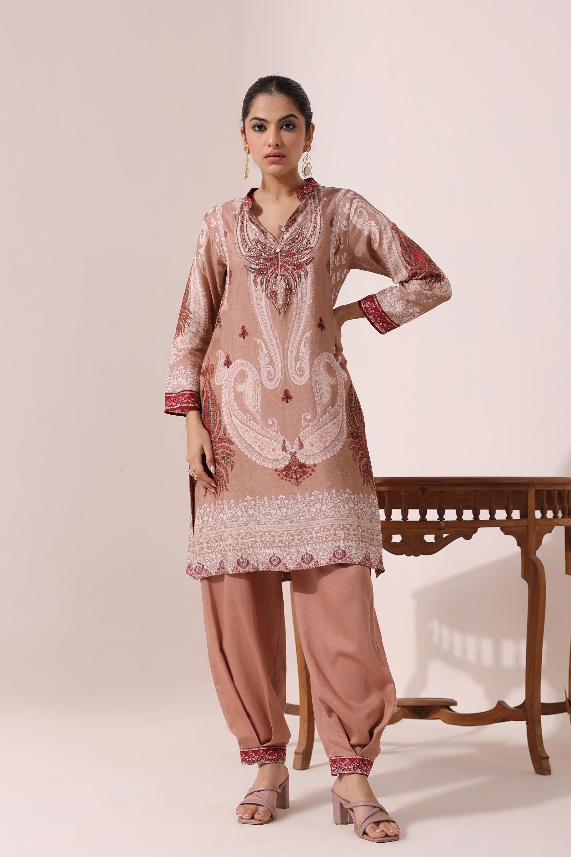 Nude Brown Traditional Printed Dola Silk Patiala Salwar Set
