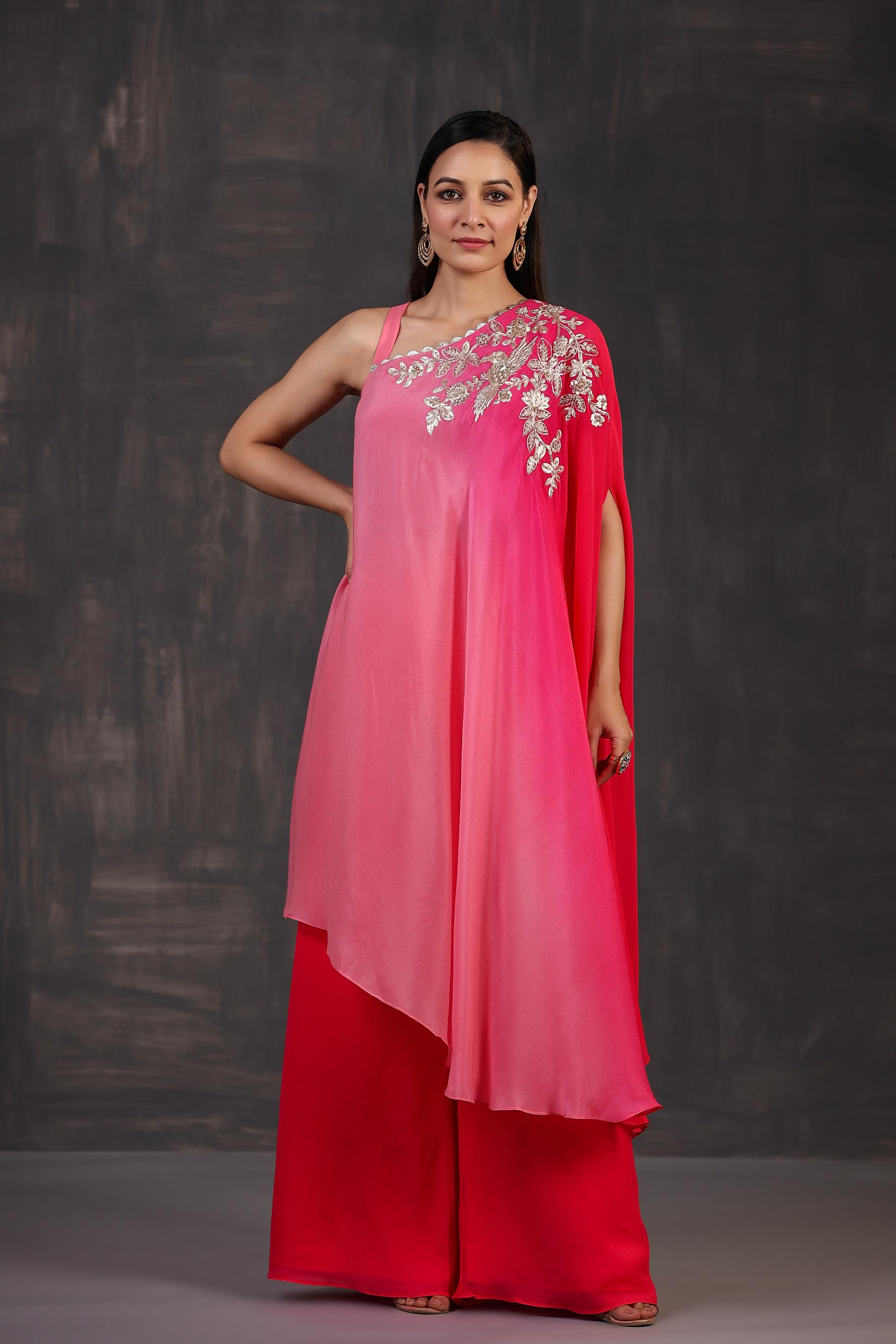 Hot Pink Ombre-Dyed Premium Georgette Silk Palazzo Set
