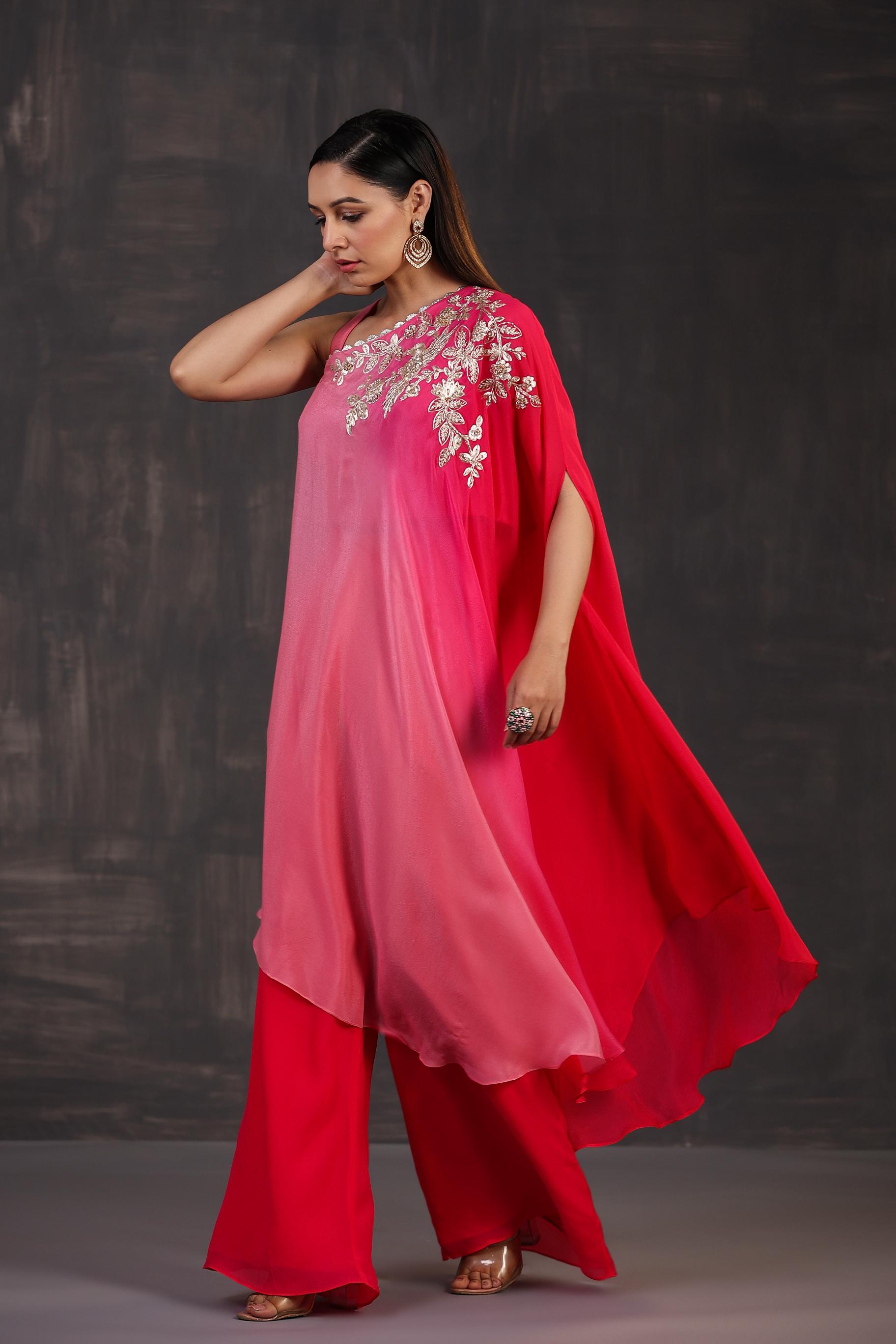 Hot Pink Ombre-Dyed Premium Georgette Silk Palazzo Set