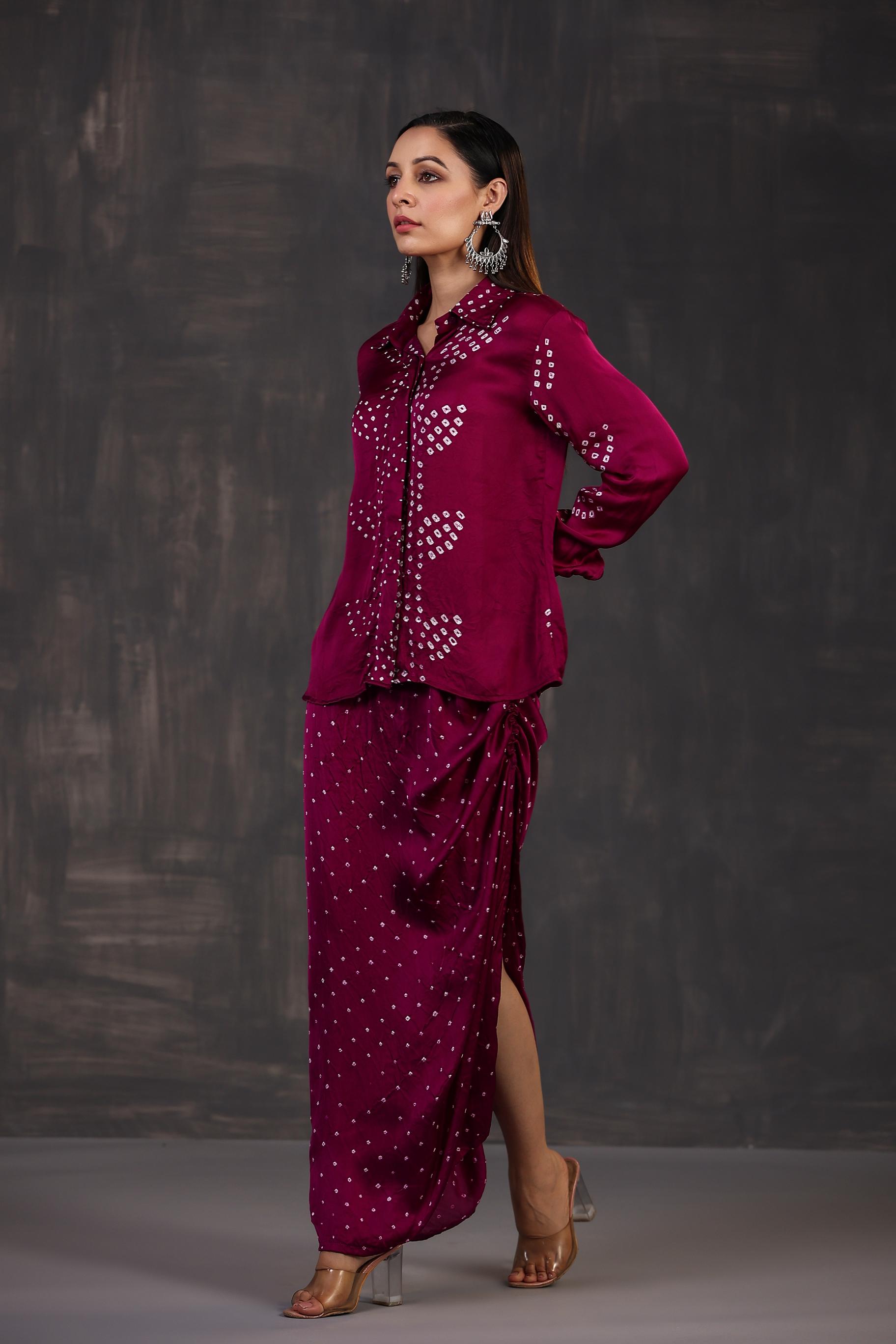 Wine Bandhej Printed Habutai Silk Skirt Set