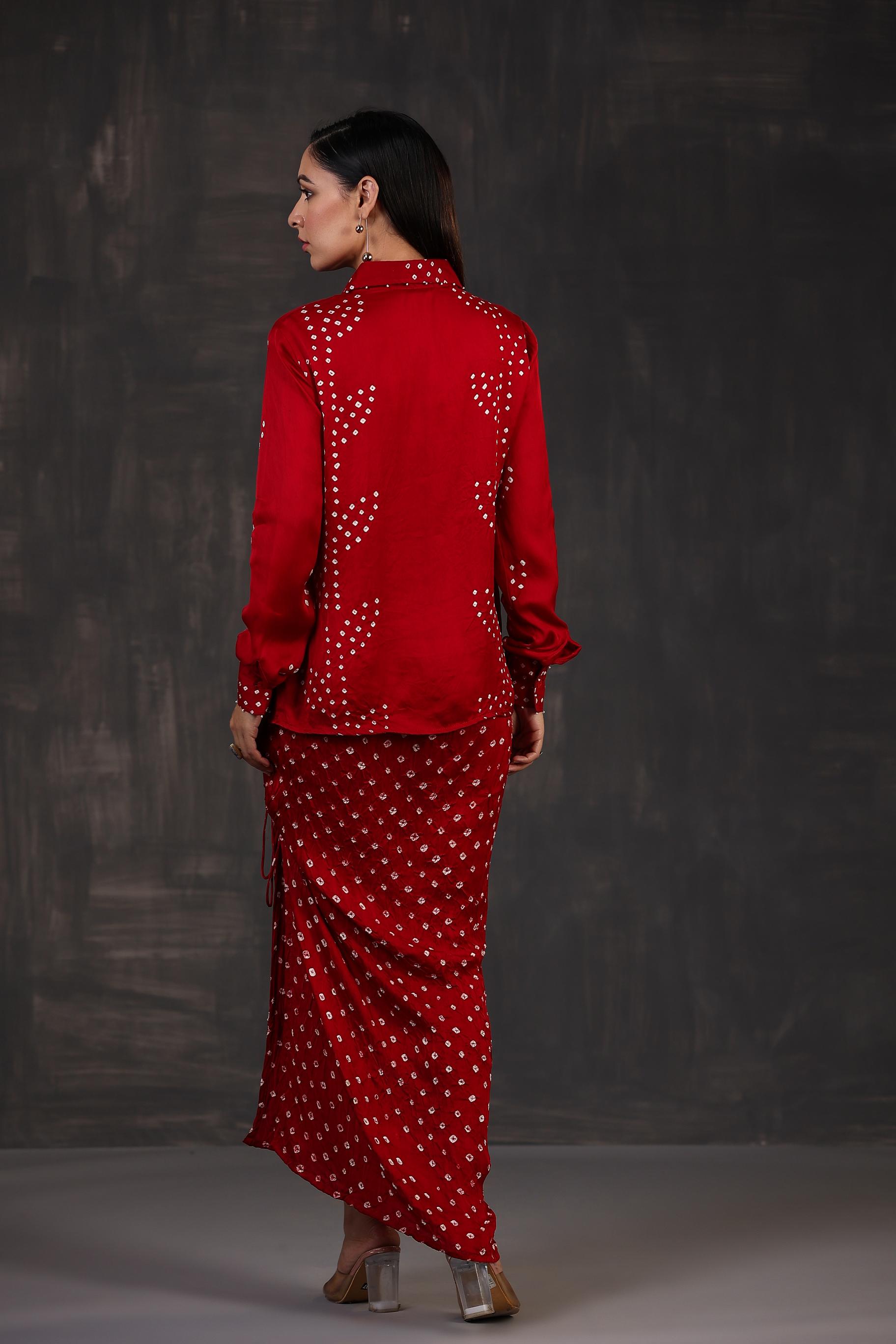 Maroon Bandhej Printed Habutai Silk Skirt Set