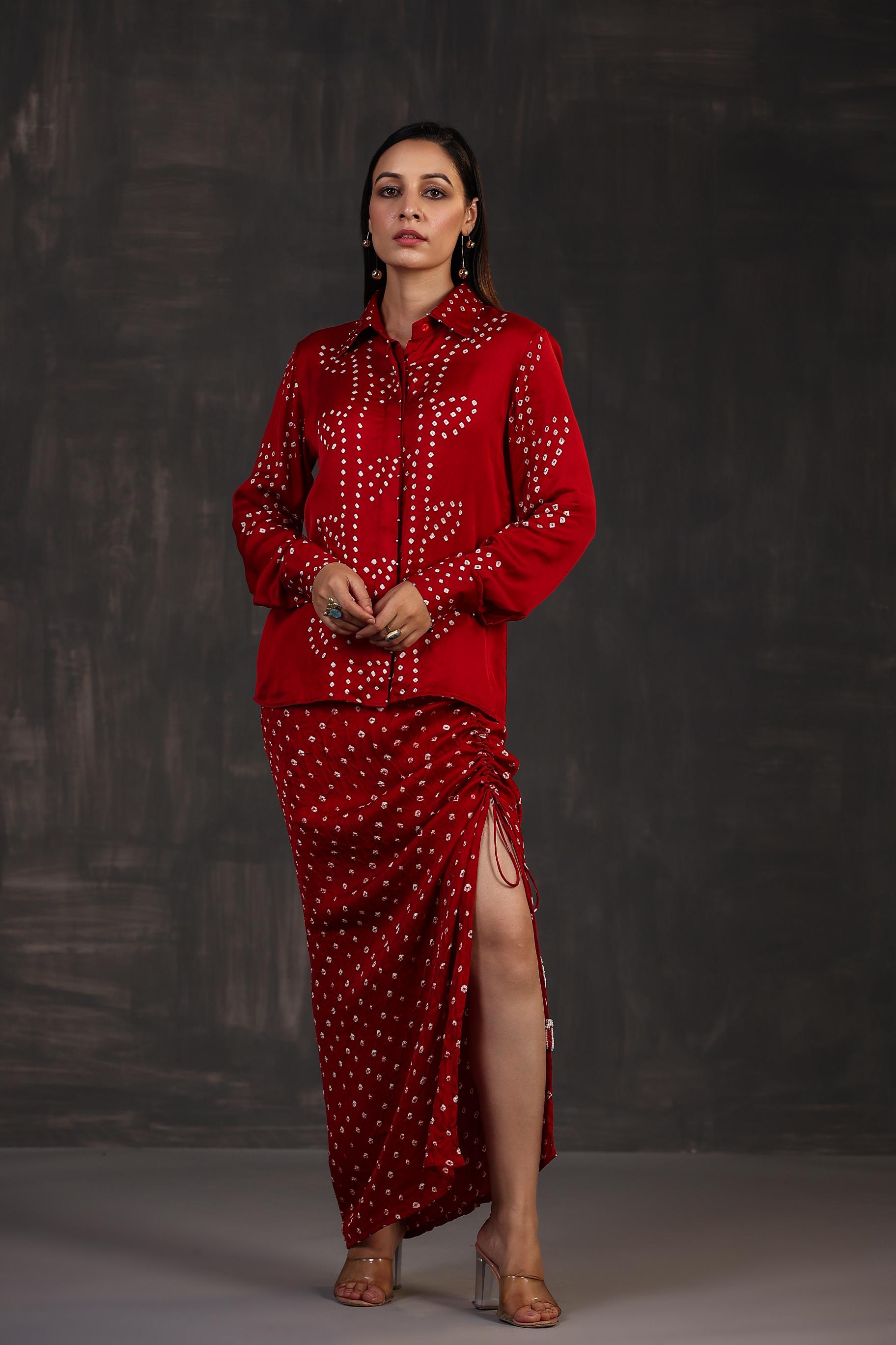 Maroon Bandhej Printed Habutai Silk Skirt Set