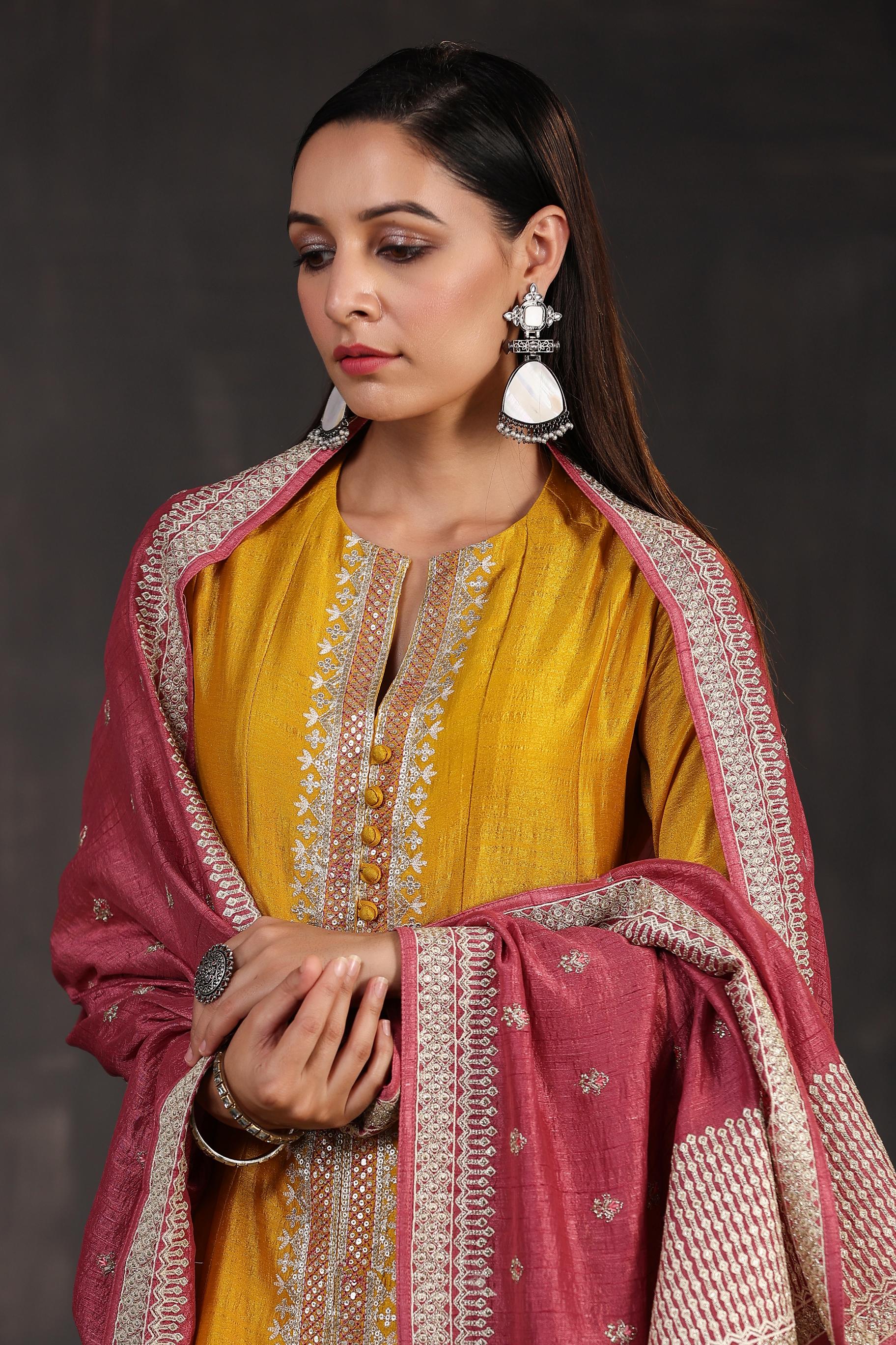 Golden Yellow Embellished Premium Silk Anarkali Set