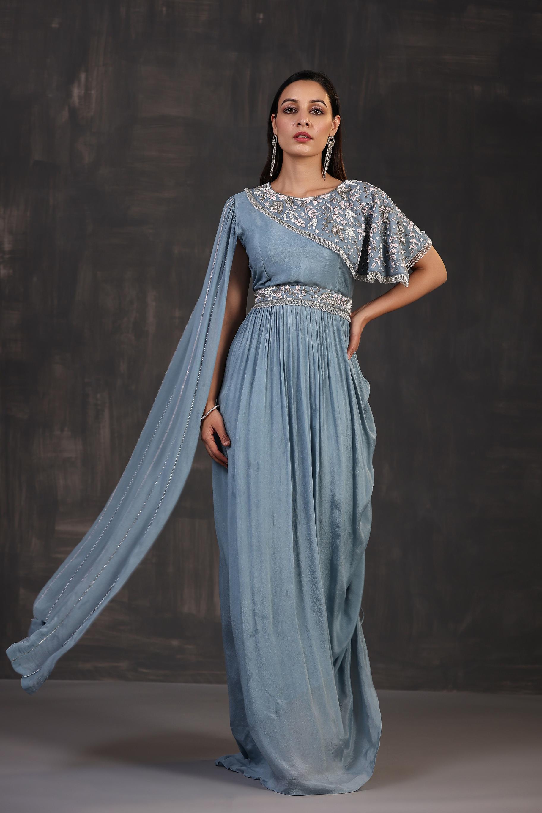 Stone Blue Embellished Chinon Silk Draped Gown
