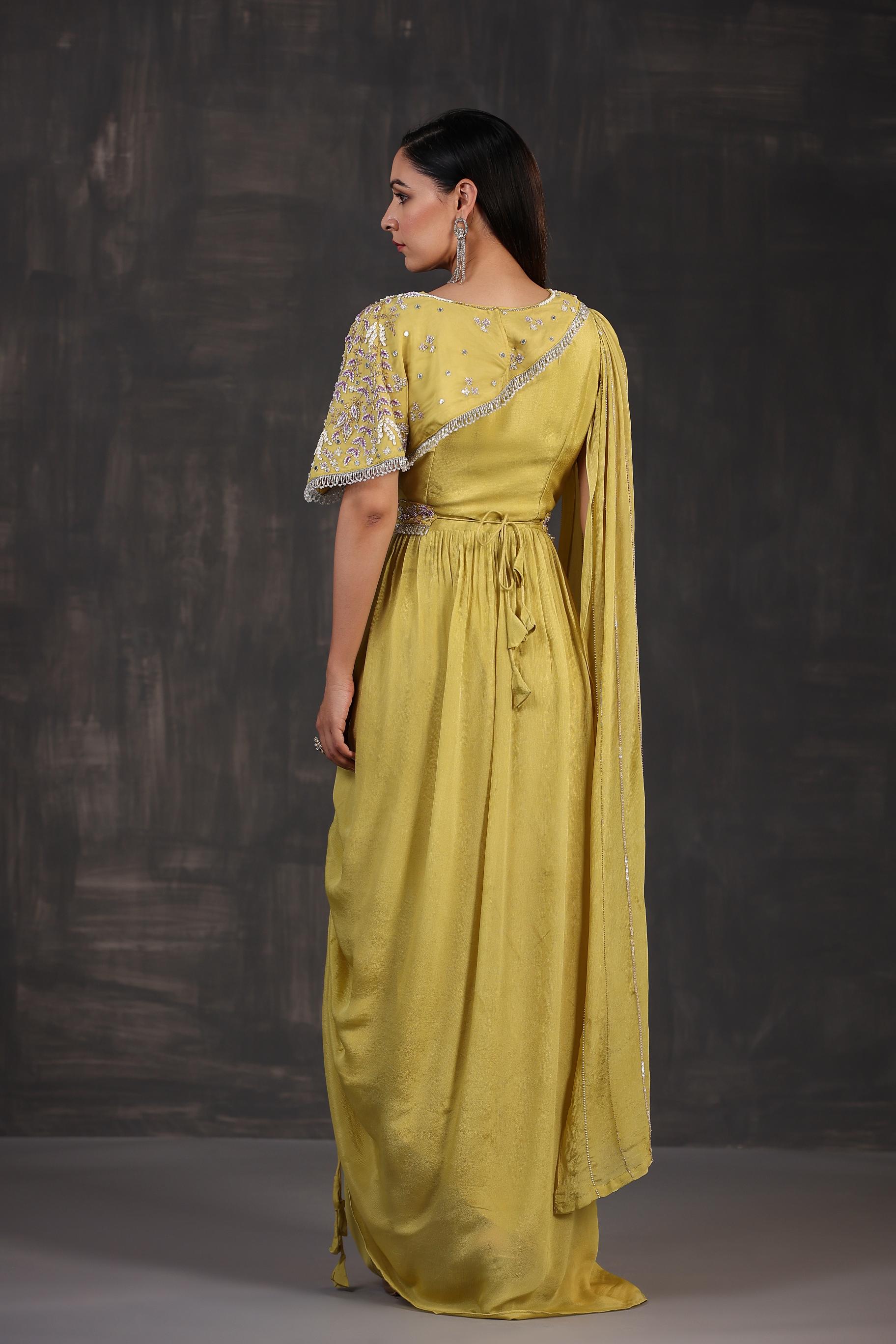 Yellow Embellished Chinon Silk Draped Gown