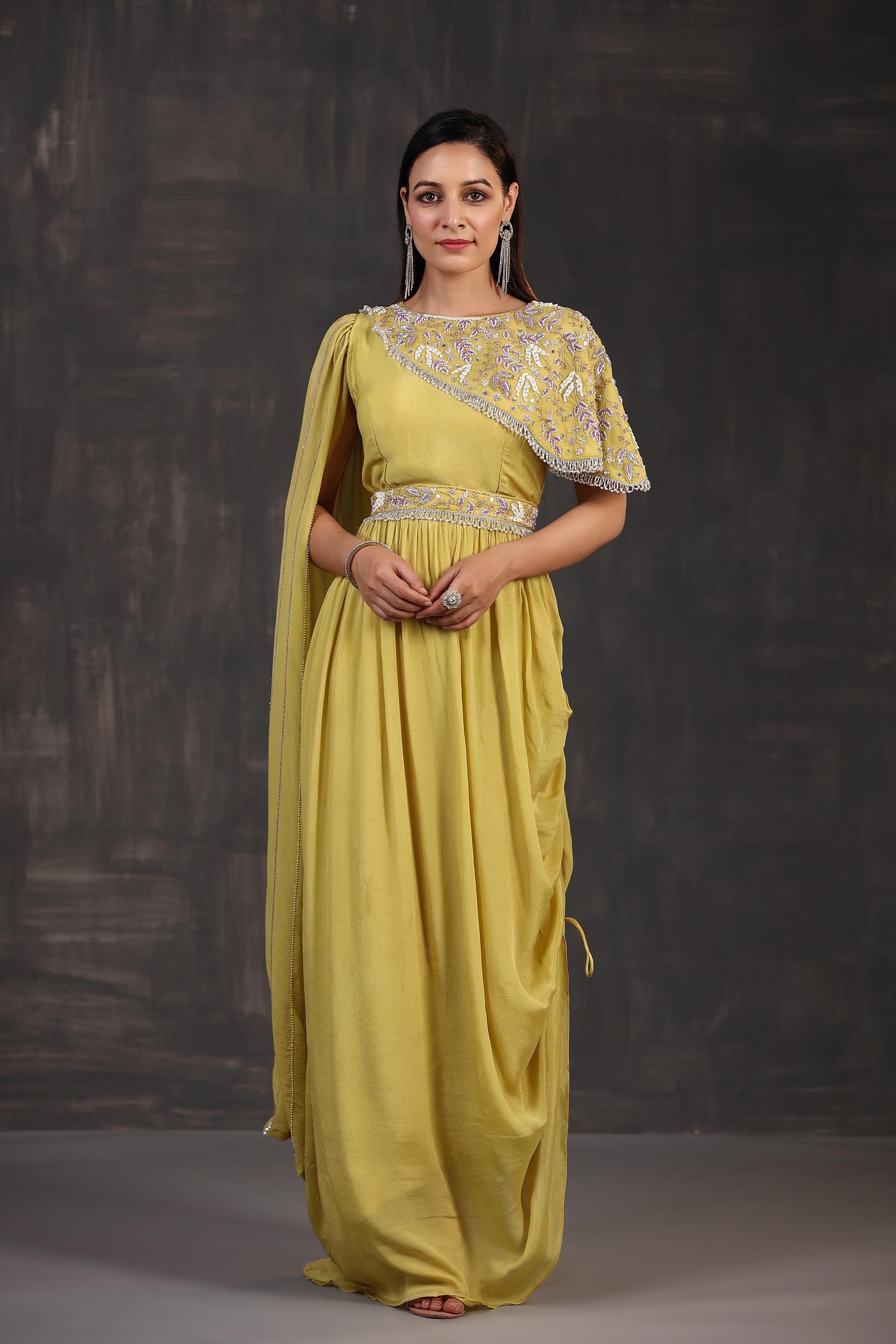 Yellow Embellished Chinon Silk Draped Gown
