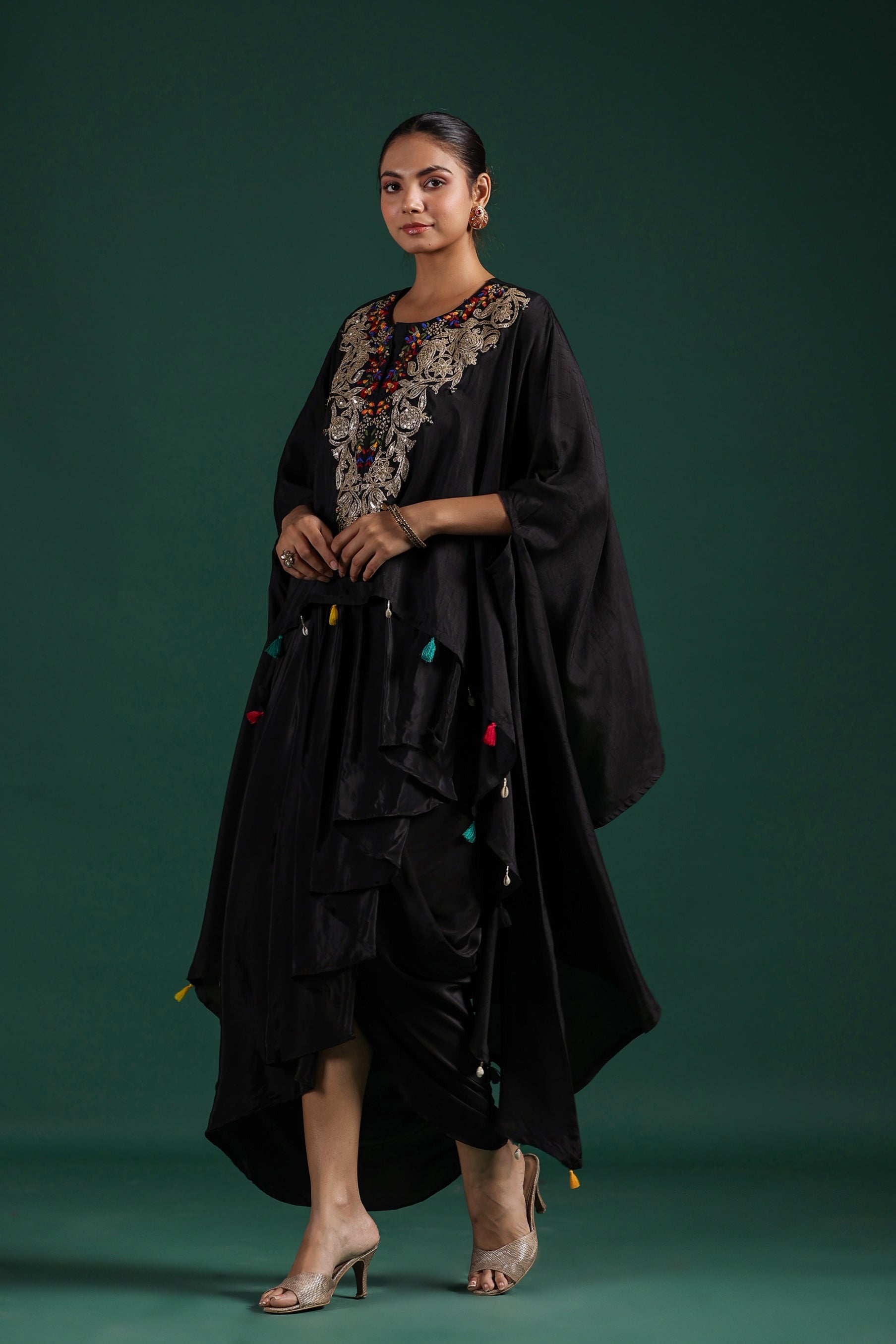 Black Embroidered Raw Silk Draped Skirt Set