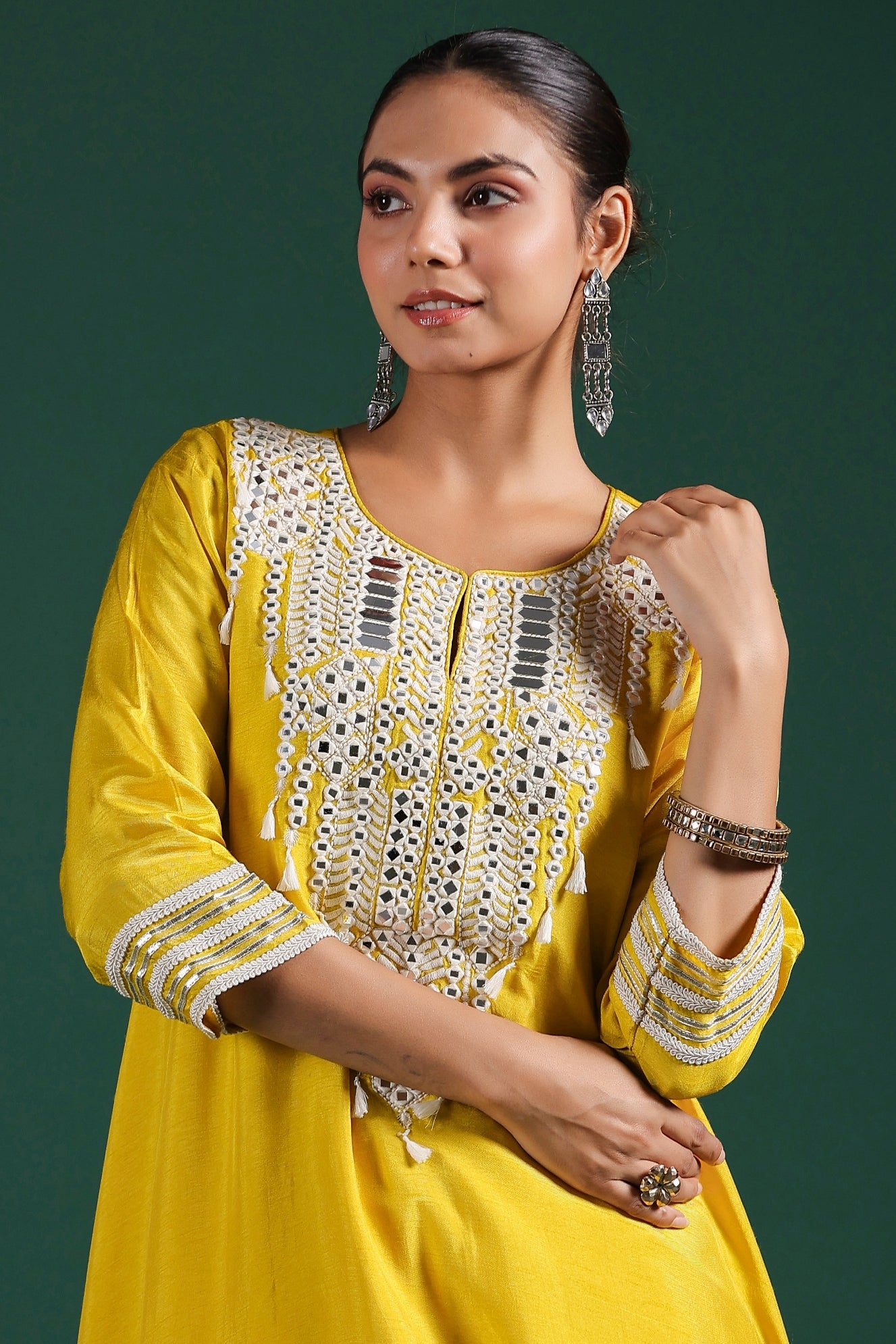 Bright Yellow Embroidered Raw Silk Pants Set