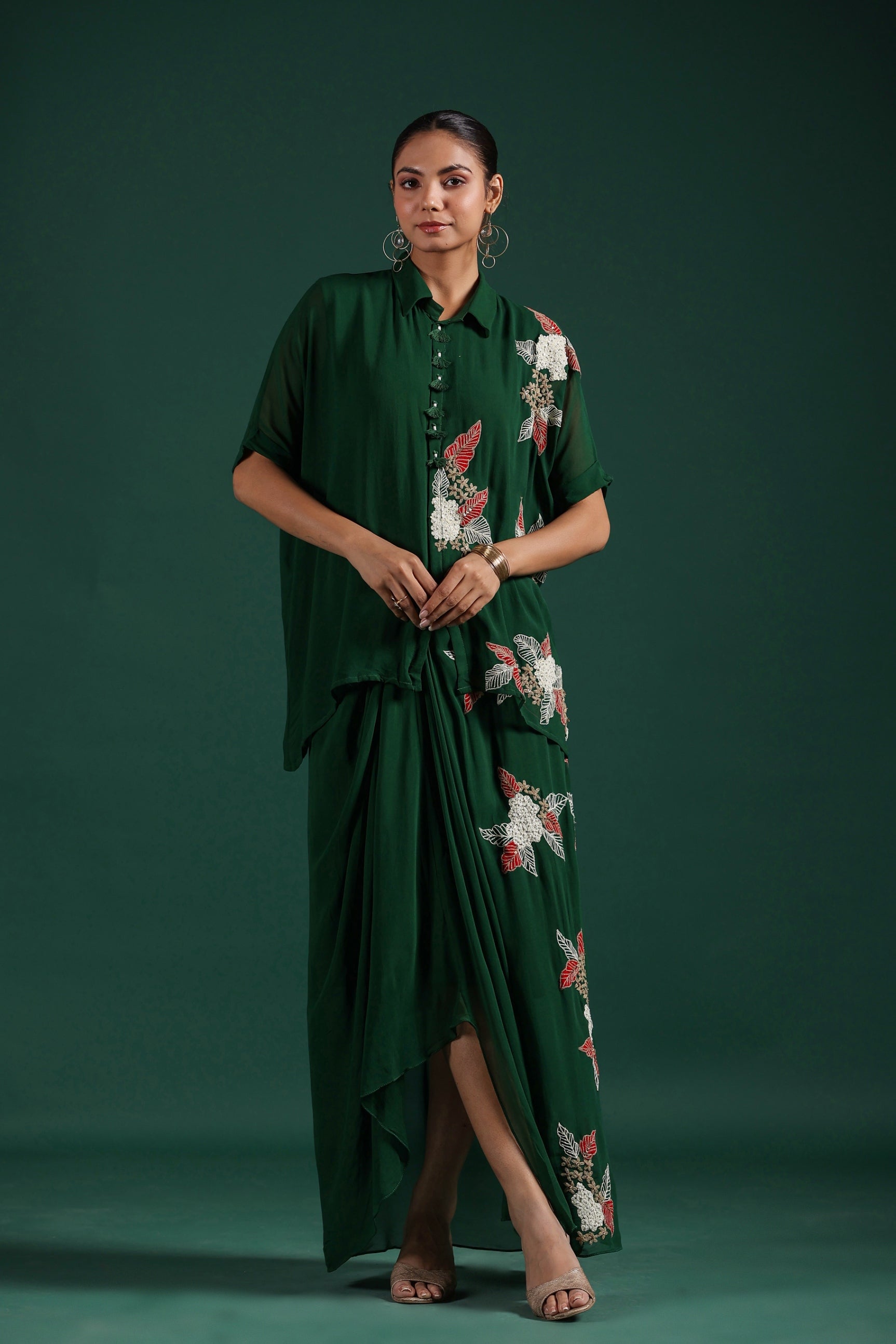 Deep Green Embroidered Premium Georgette Skirt Set