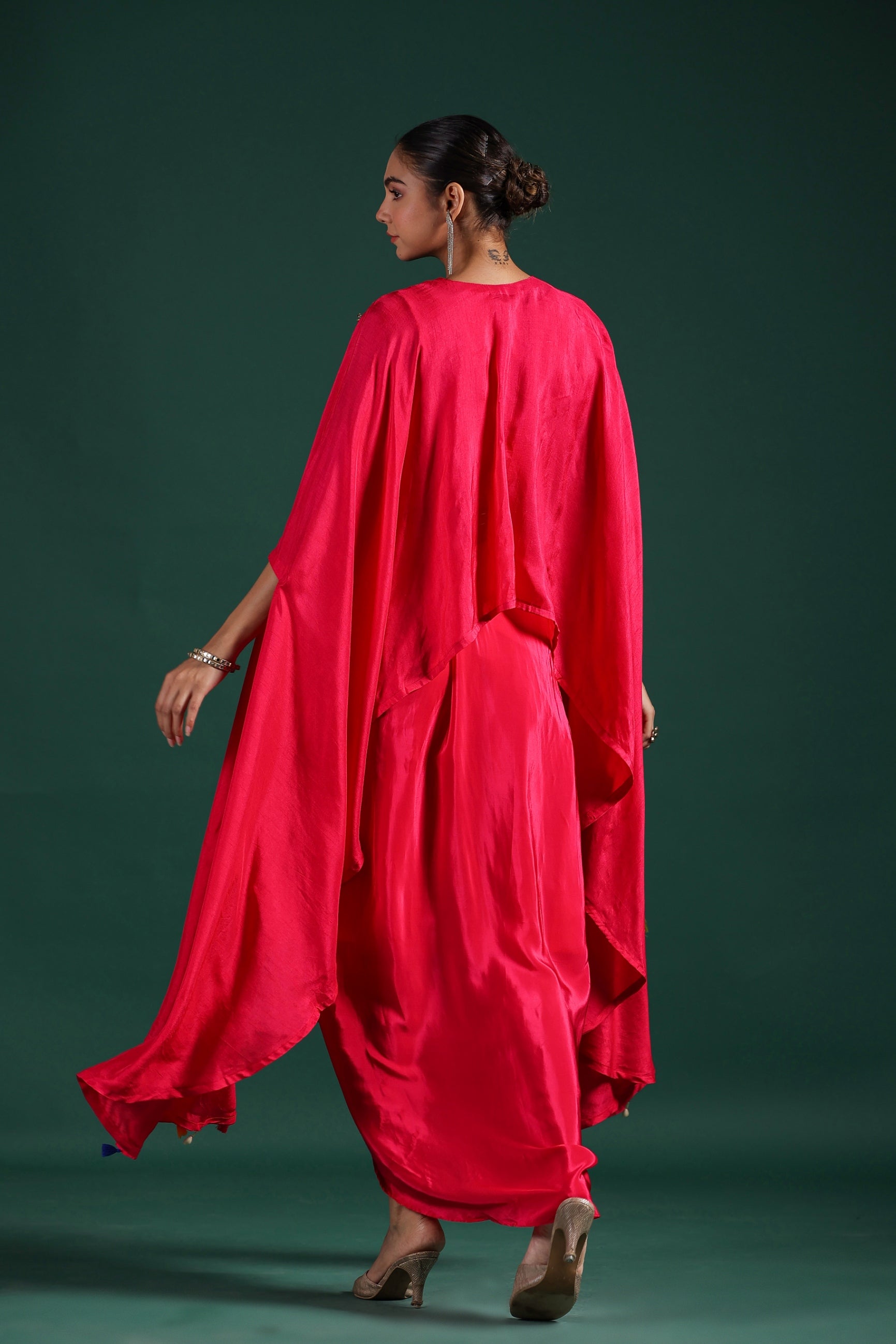 Red Embroidered Raw Silk Draped Skirt Set