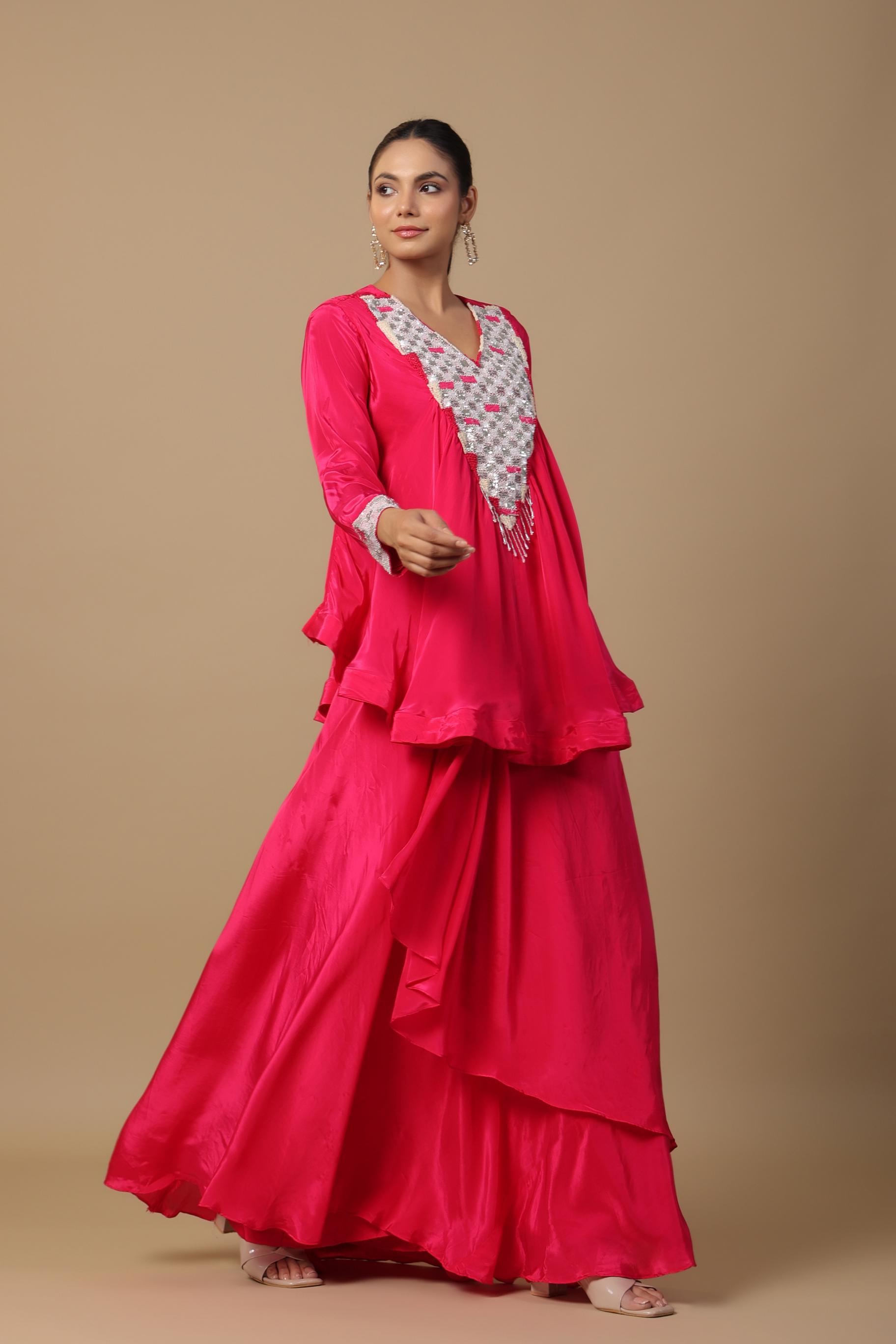 Rani Pink Embroidered Habutai Silk Skirt Set