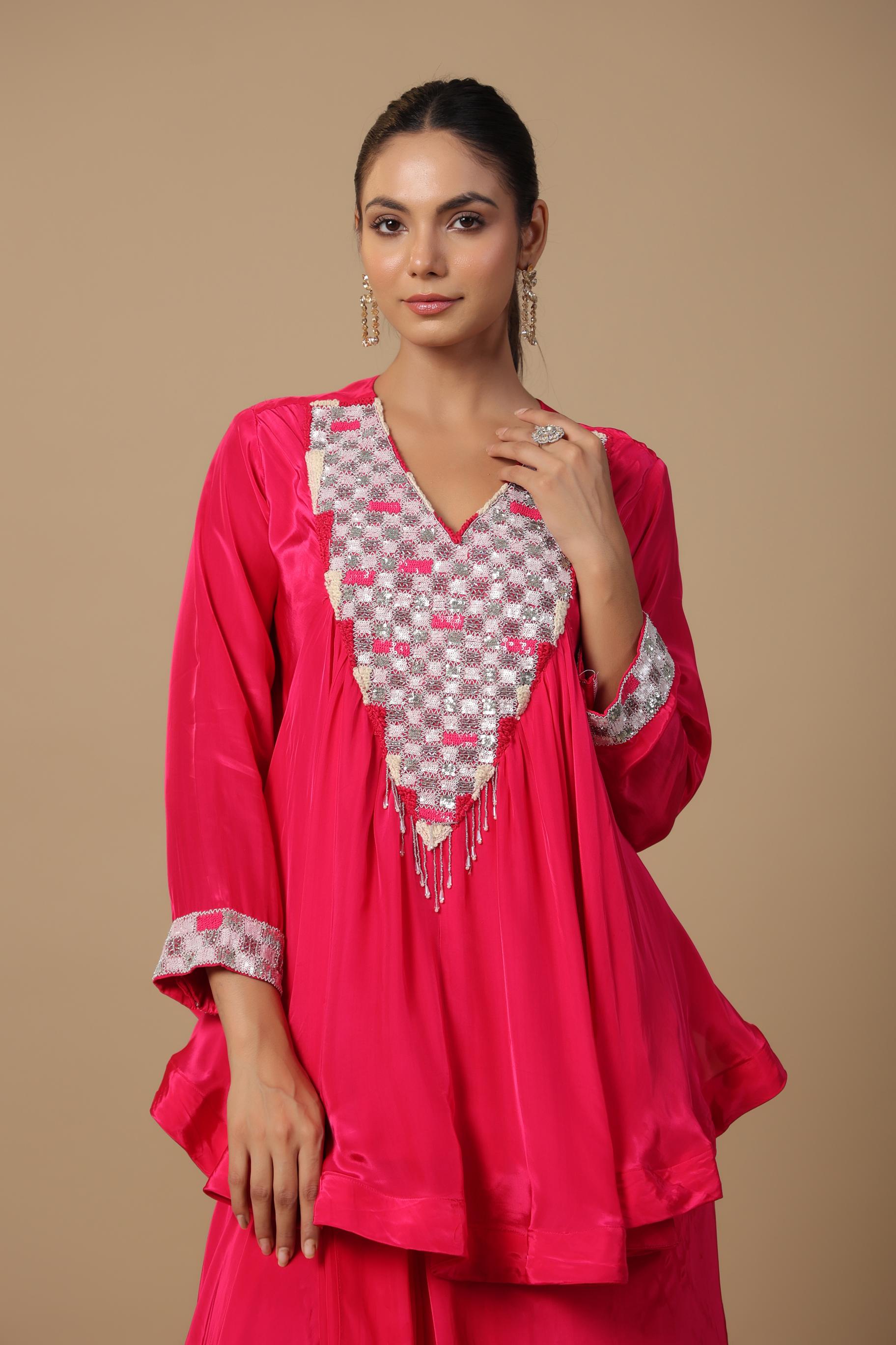 Rani Pink Embroidered Habutai Silk Skirt Set