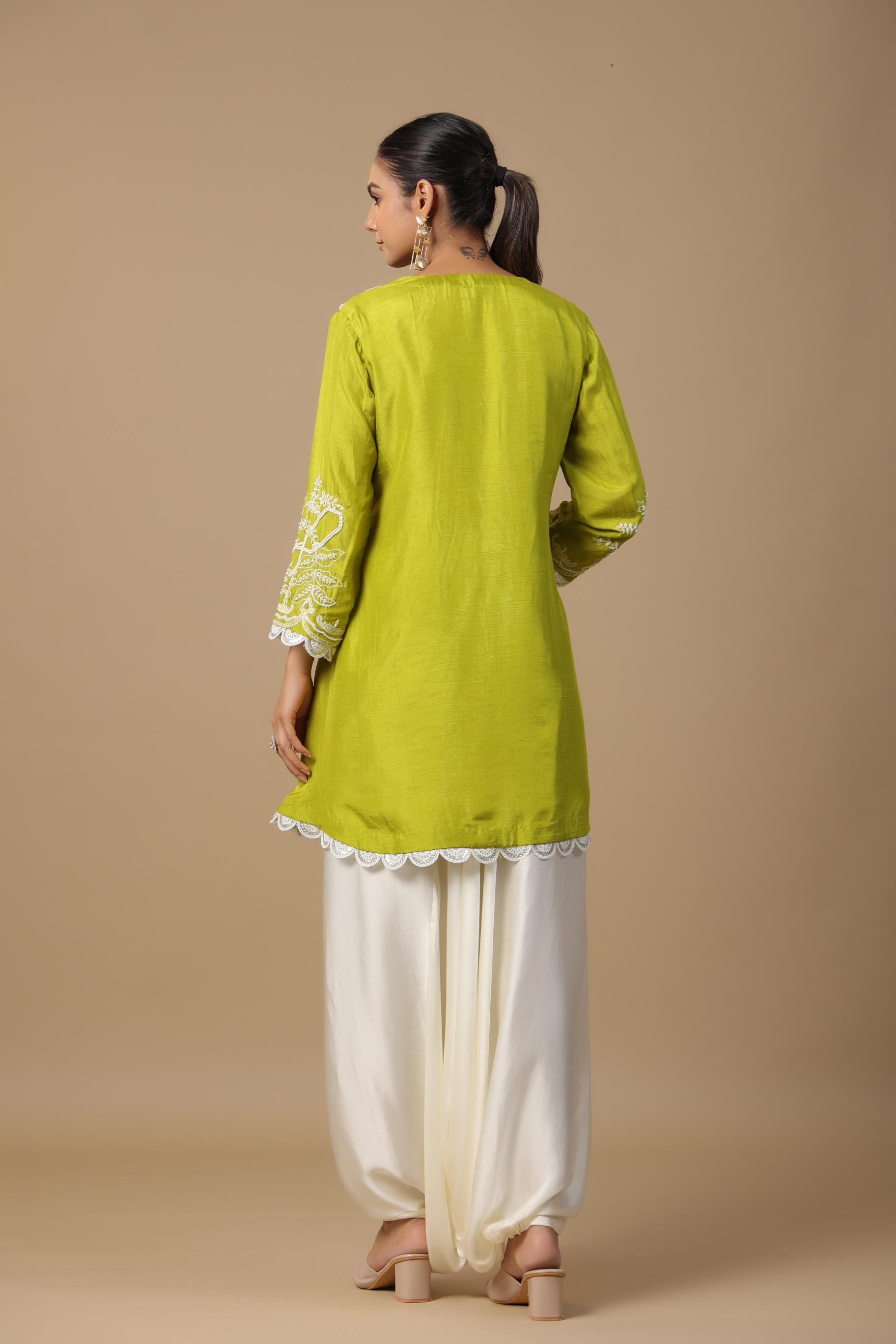 Pear Green Embroidered Raw Silk Tunic & Afghani Pants Set