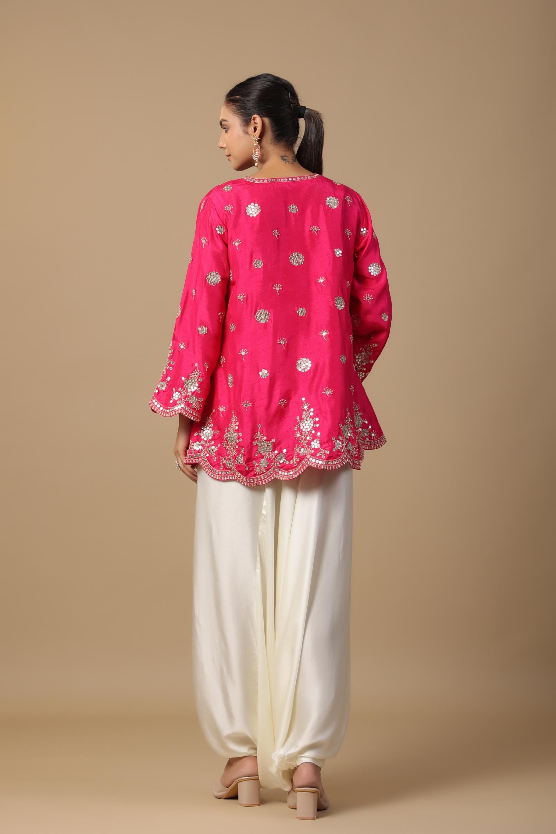 Hot Pink Embellished Satin Silk Tunic & Afghani Pants Set