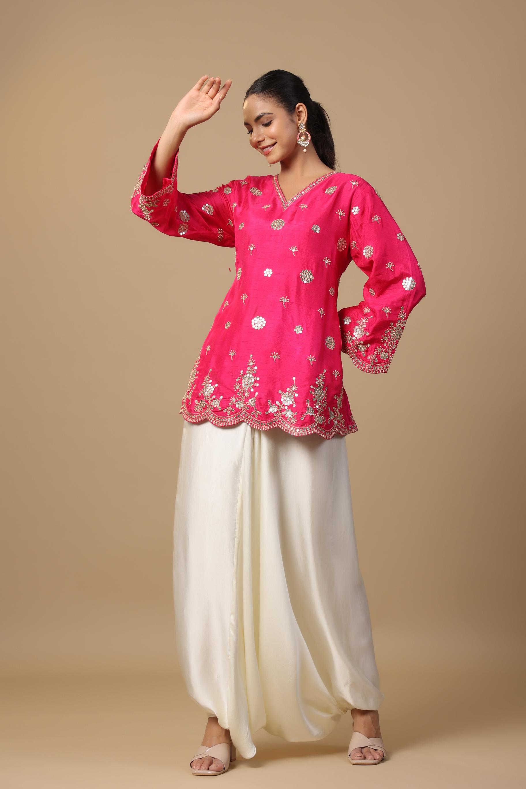 Hot Pink Embellished Satin Silk Tunic & Afghani Pants Set