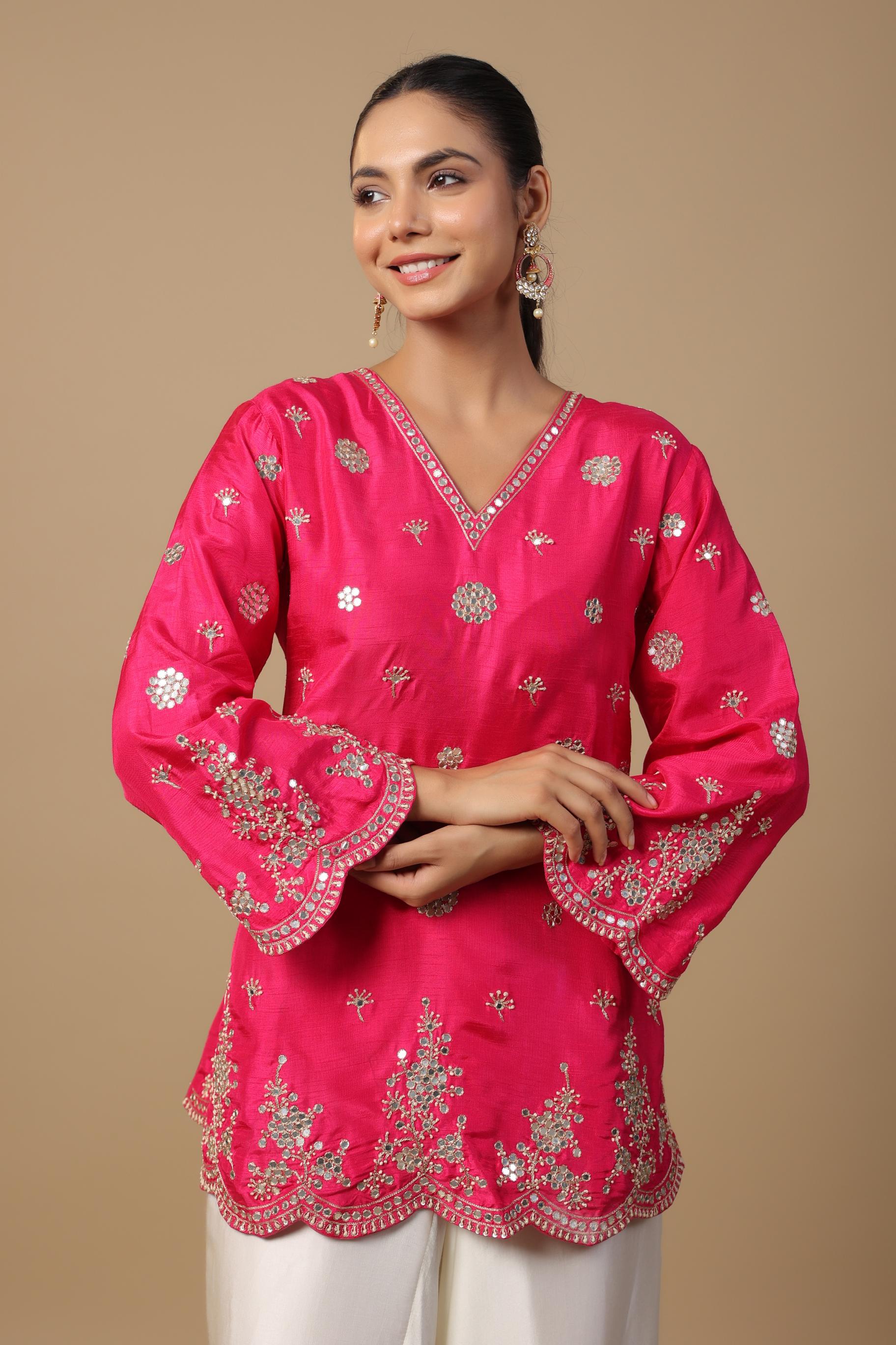 Hot Pink Embellished Satin Silk Tunic & Afghani Pants Set