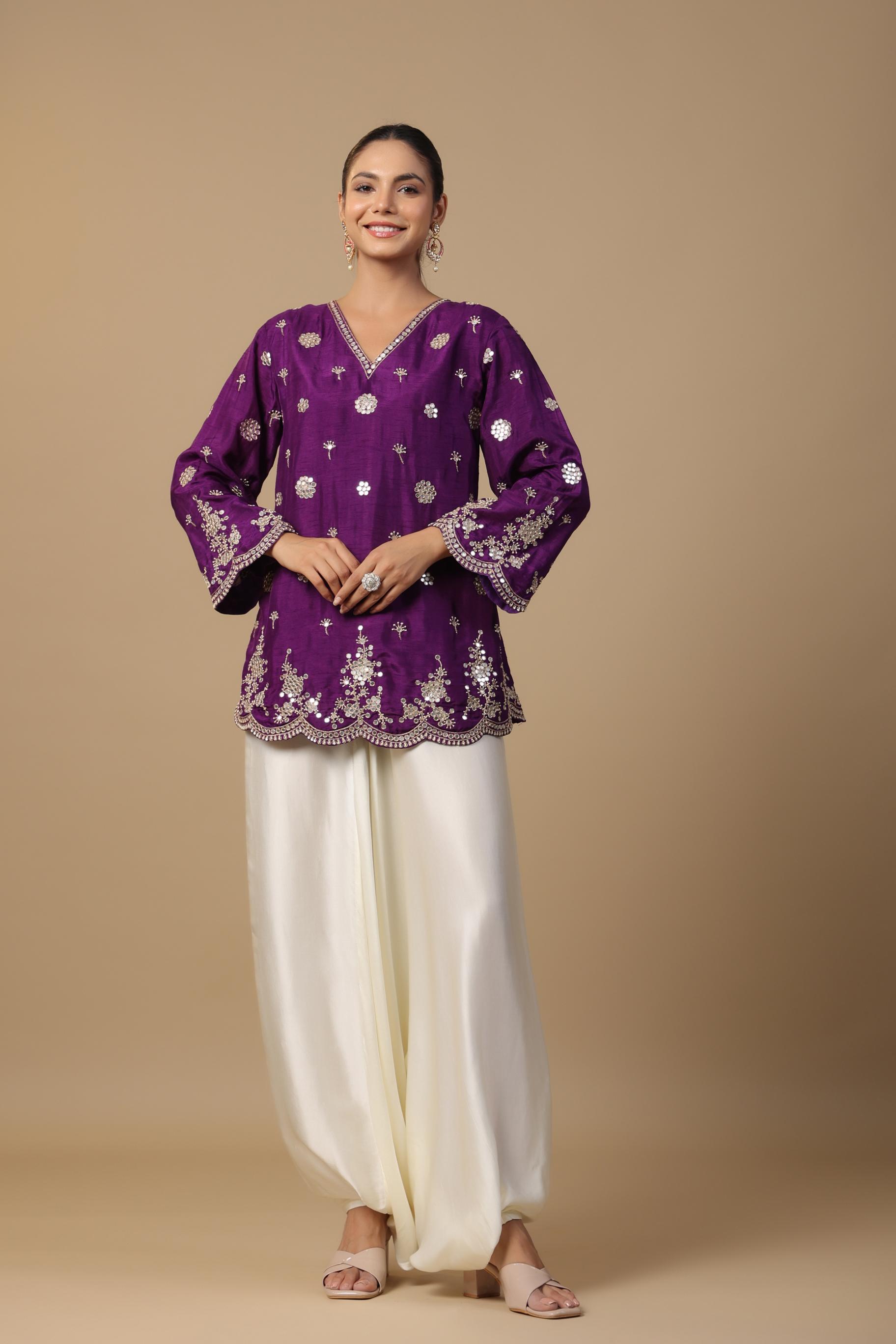 Purple Embellished Satin Silk Tunic & Afghani Pants Set