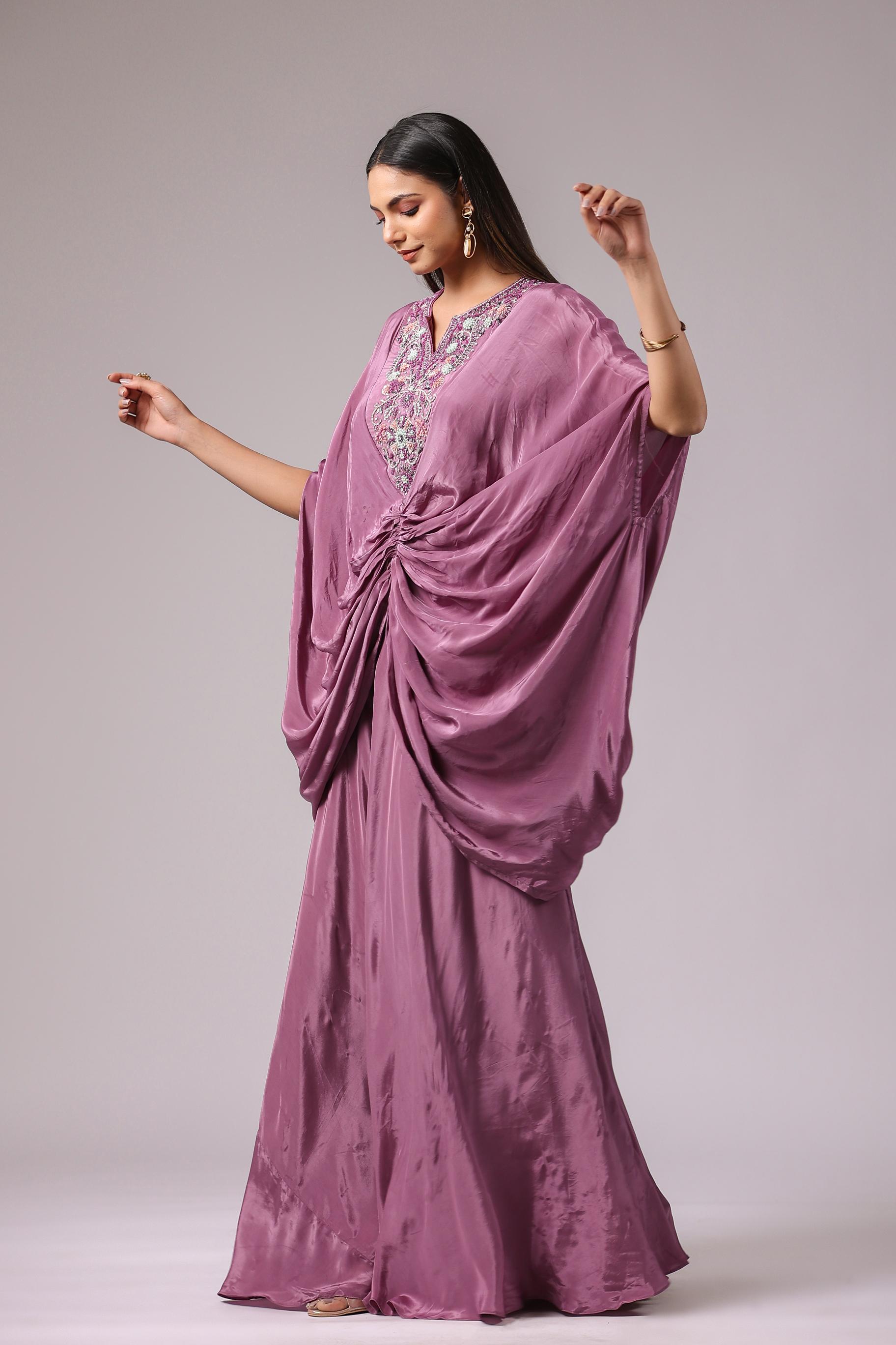 Light Mauve Embroidered Crepe Silk Draped Gown