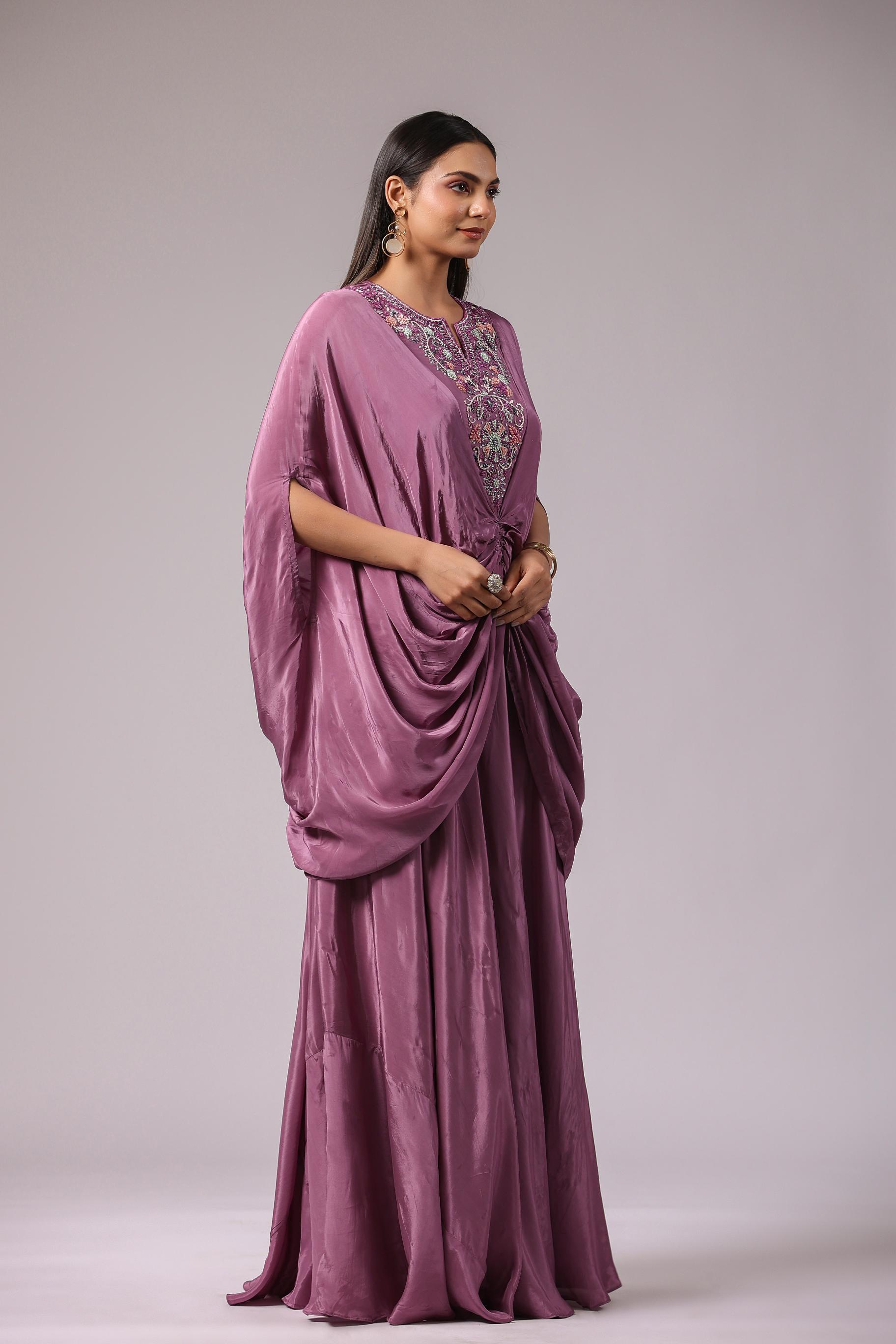 Light Mauve Embroidered Crepe Silk Draped Gown
