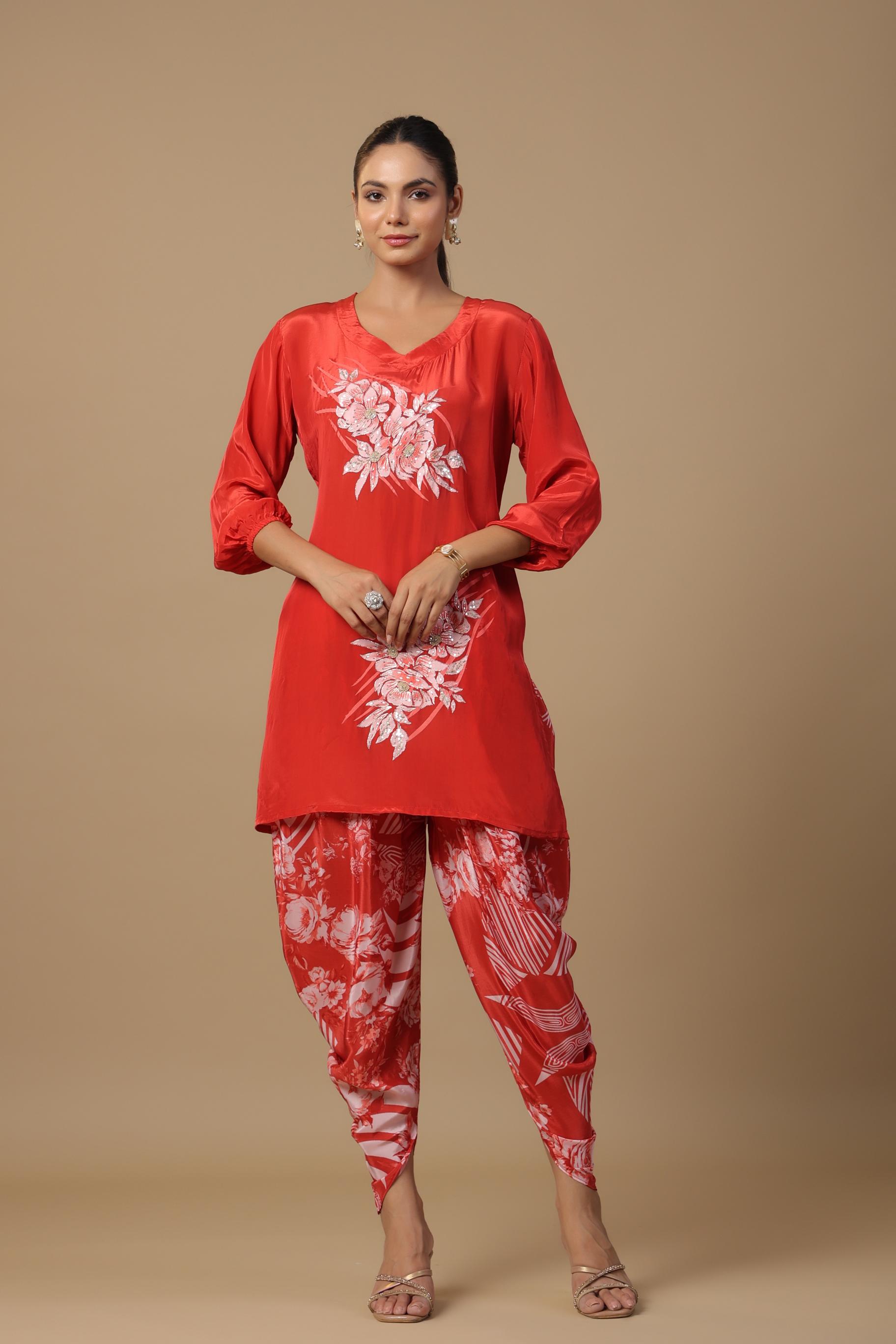 Red Floral Embroidered Habutai Silk Co-Ord Set