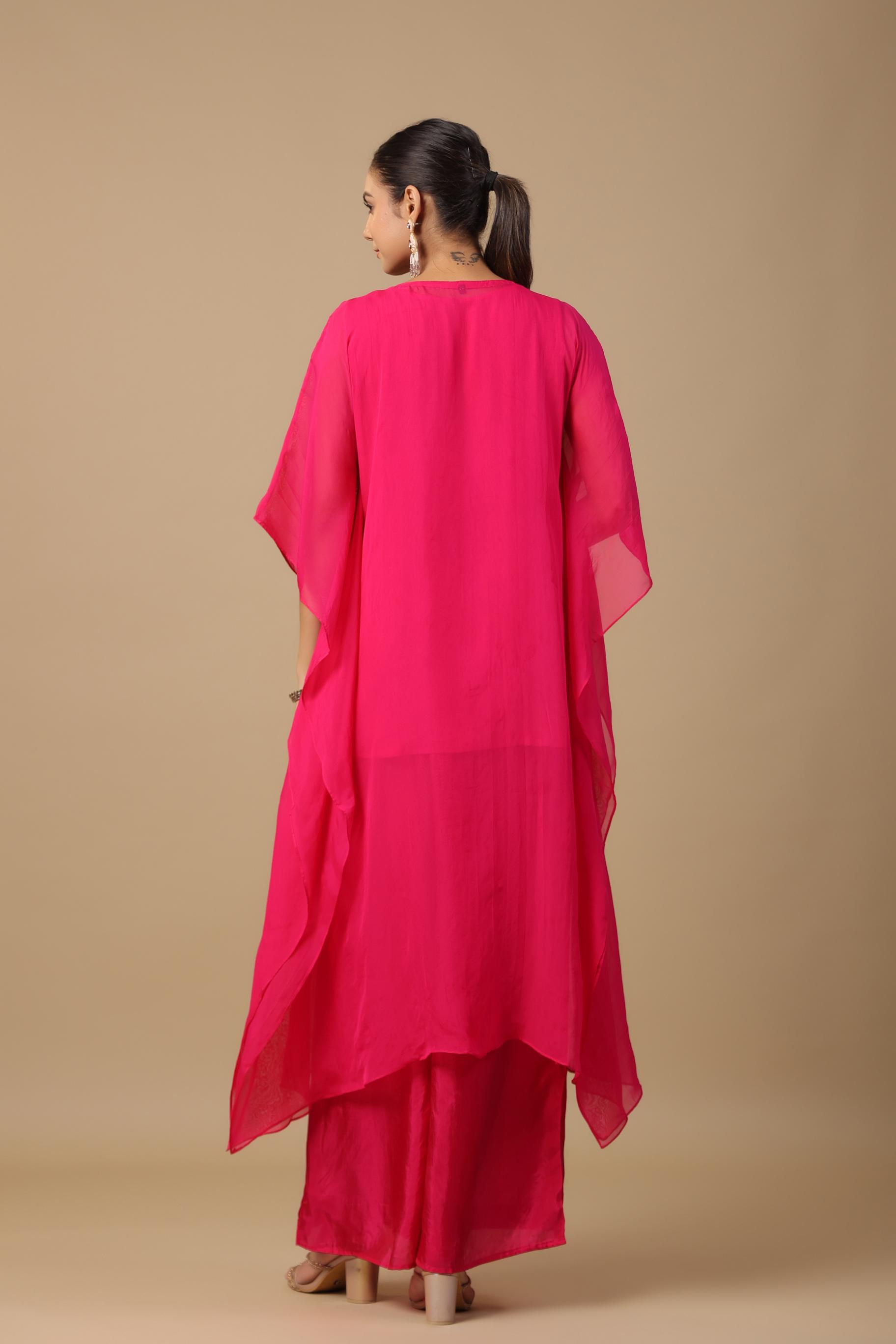 Rani Pink Embellished Premium Organza Silk Kaftan Set