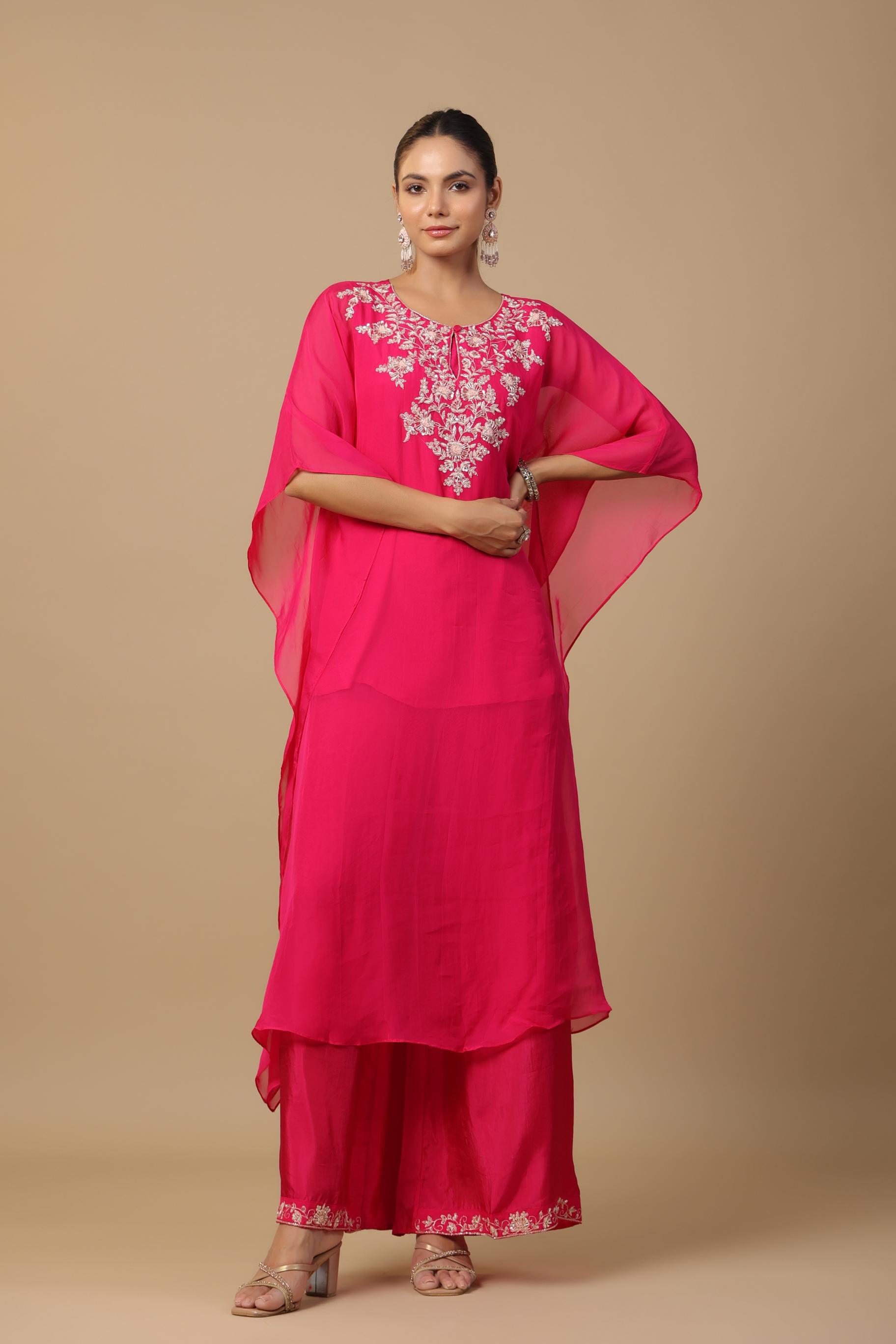 Rani Pink Embellished Premium Organza Silk Kaftan Set