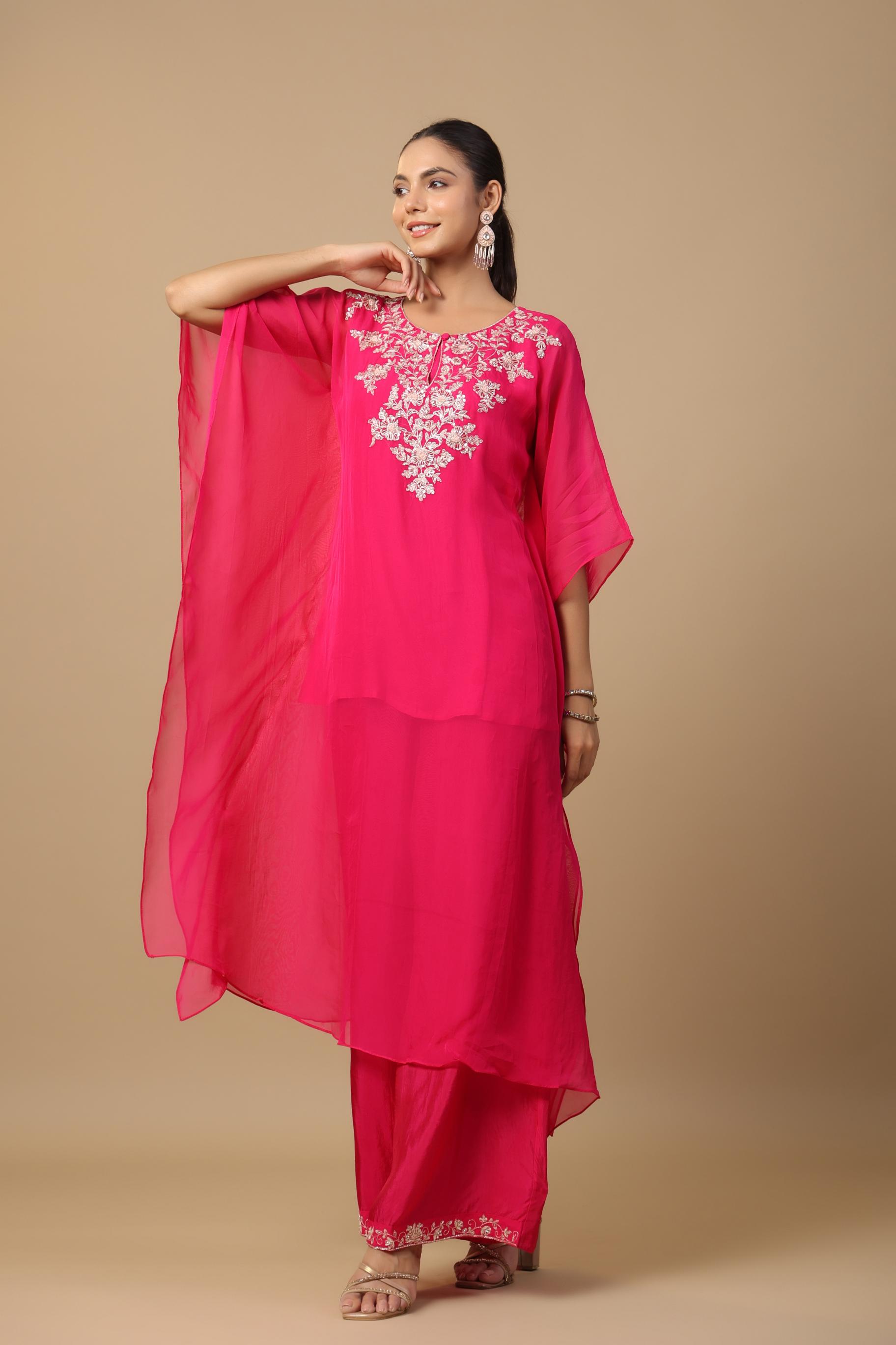 Rani Pink Embellished Premium Organza Silk Kaftan Set