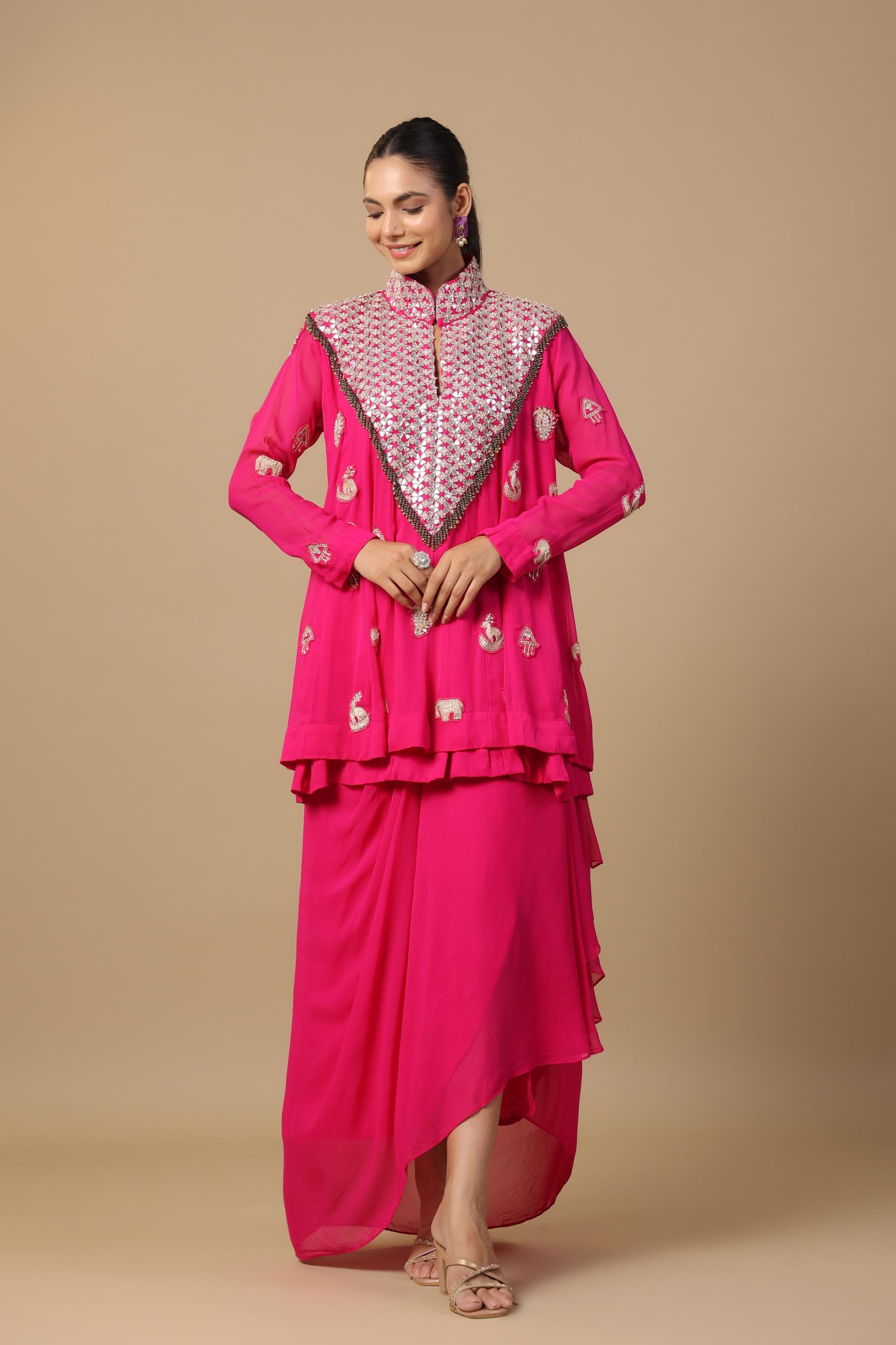 Rani Pink Embellished Premium Georgette Silk Skirt Set