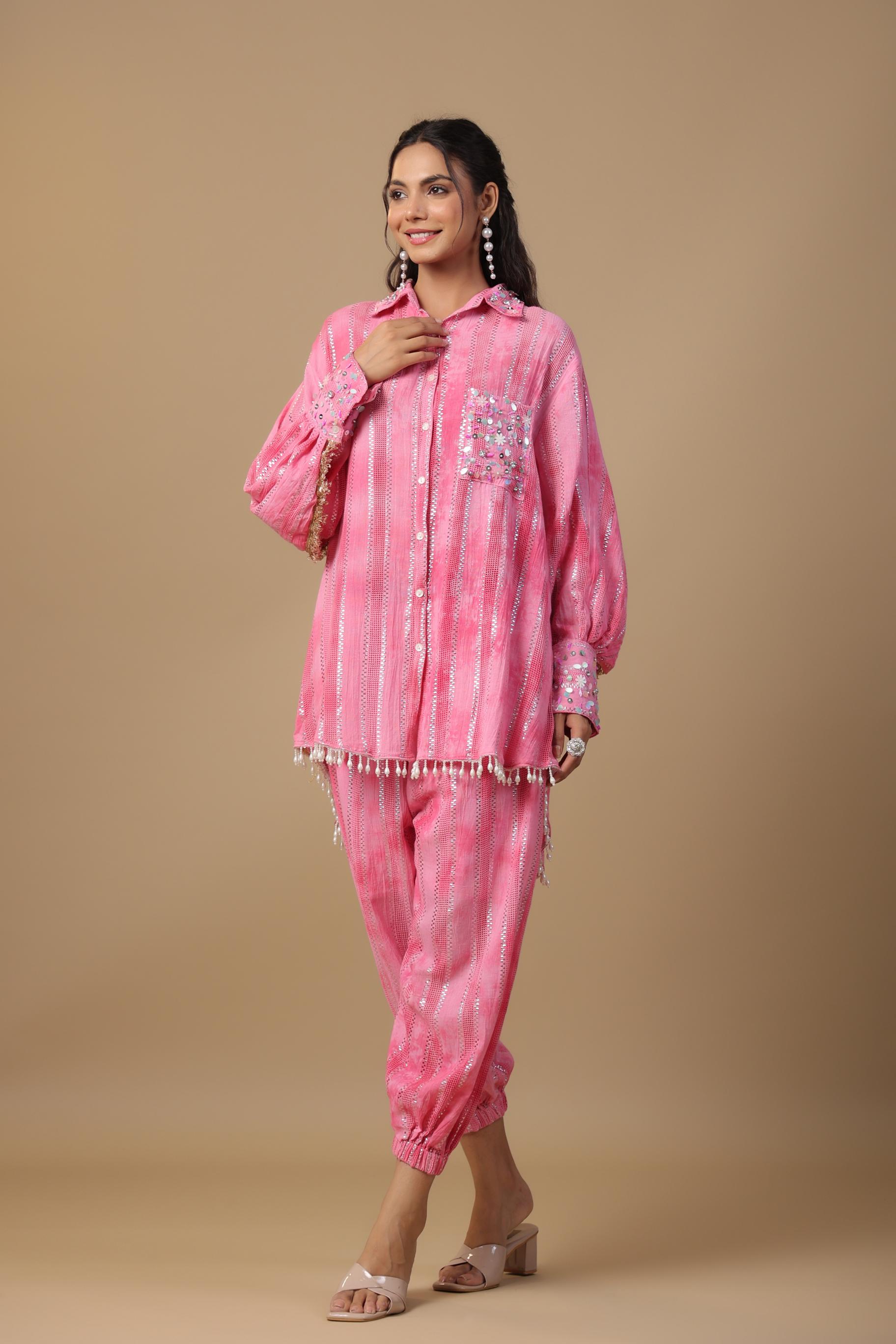 Pink Embellished Cotton Silk Co-Ord Set