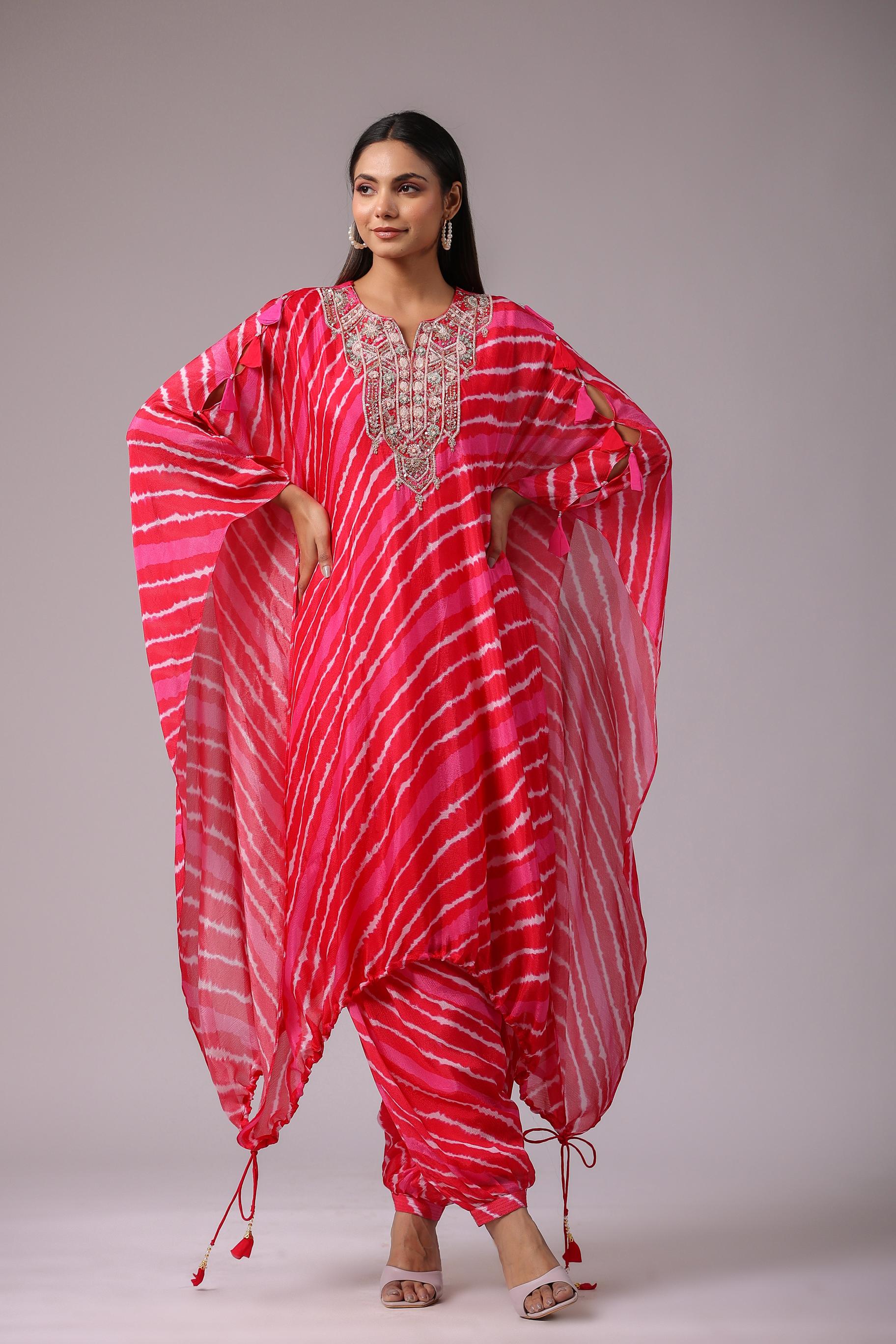 Rouge Pink Leheriya Printed Chinon Silk Kaftan & Salwar Set