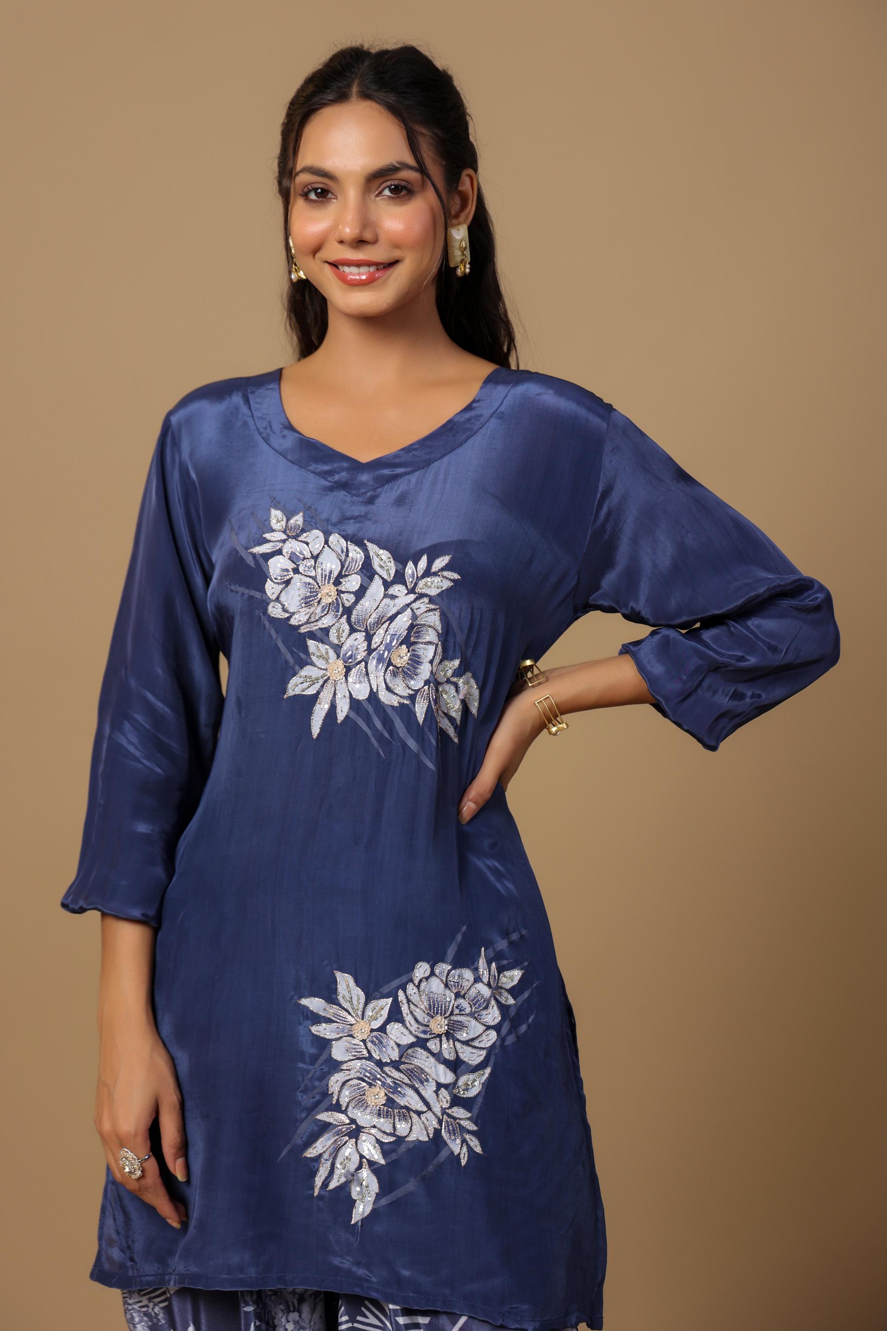 Blue Floral Embroidered Habutai Silk Co-Ord Set