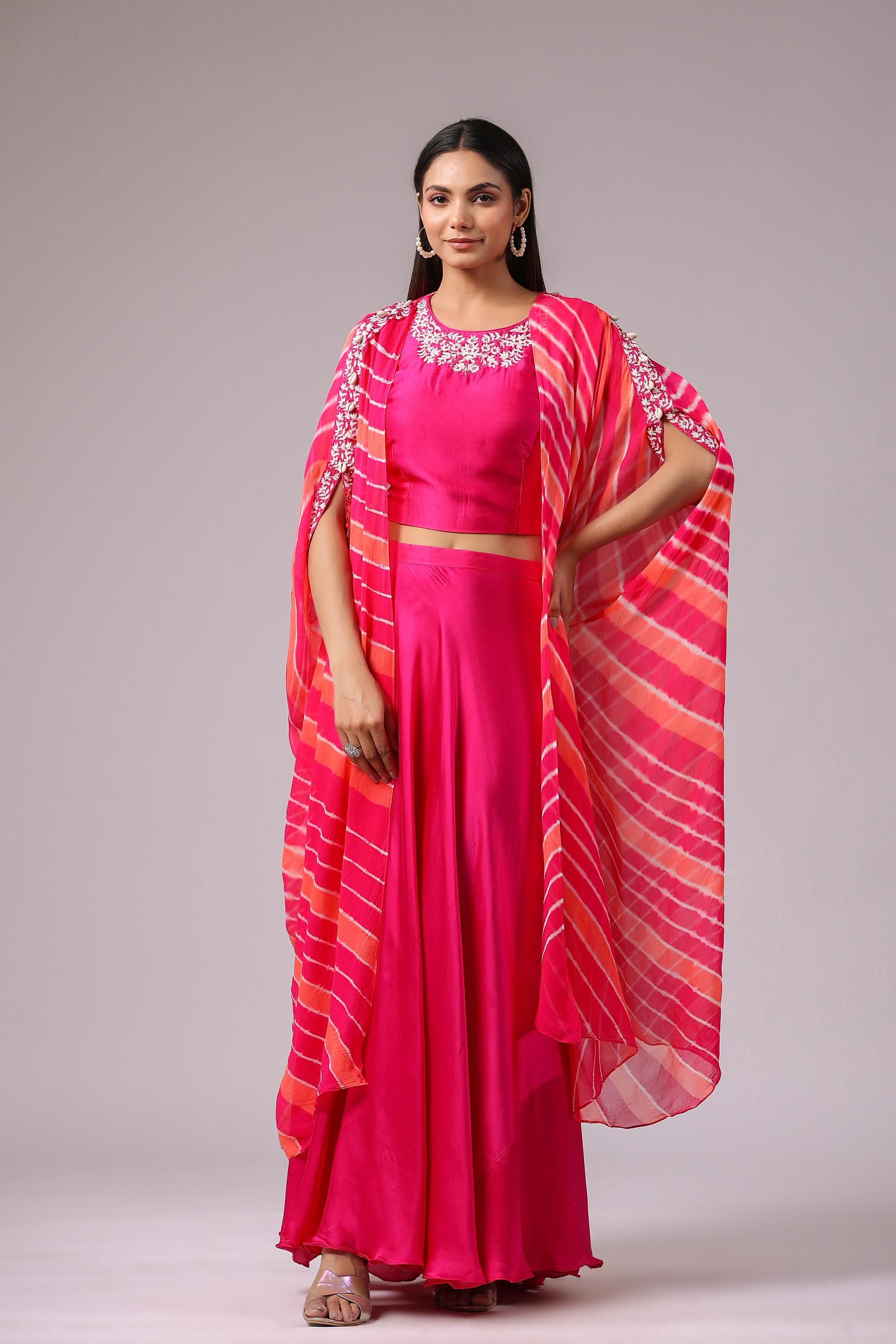 Rani Pink Leheriya Printed Chiffon Silk Cape Set