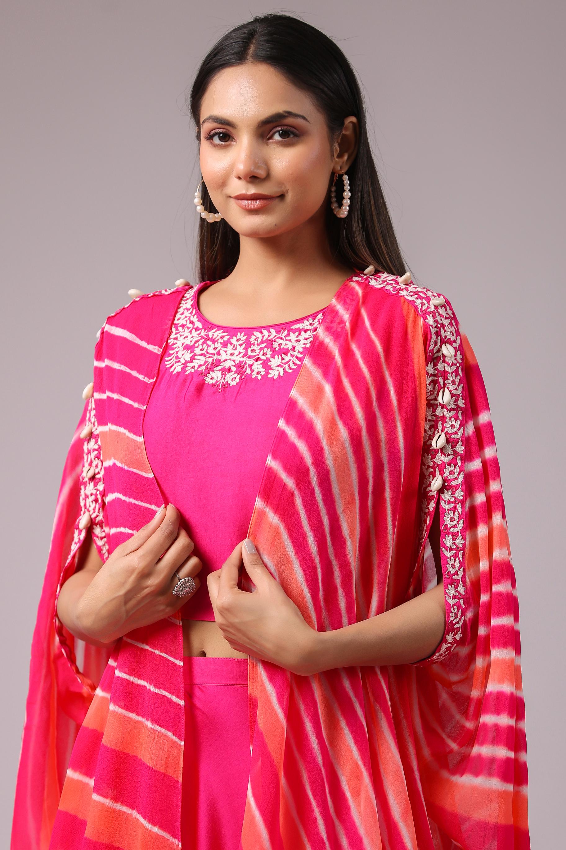 Rani Pink Leheriya Printed Chiffon Silk Cape Set