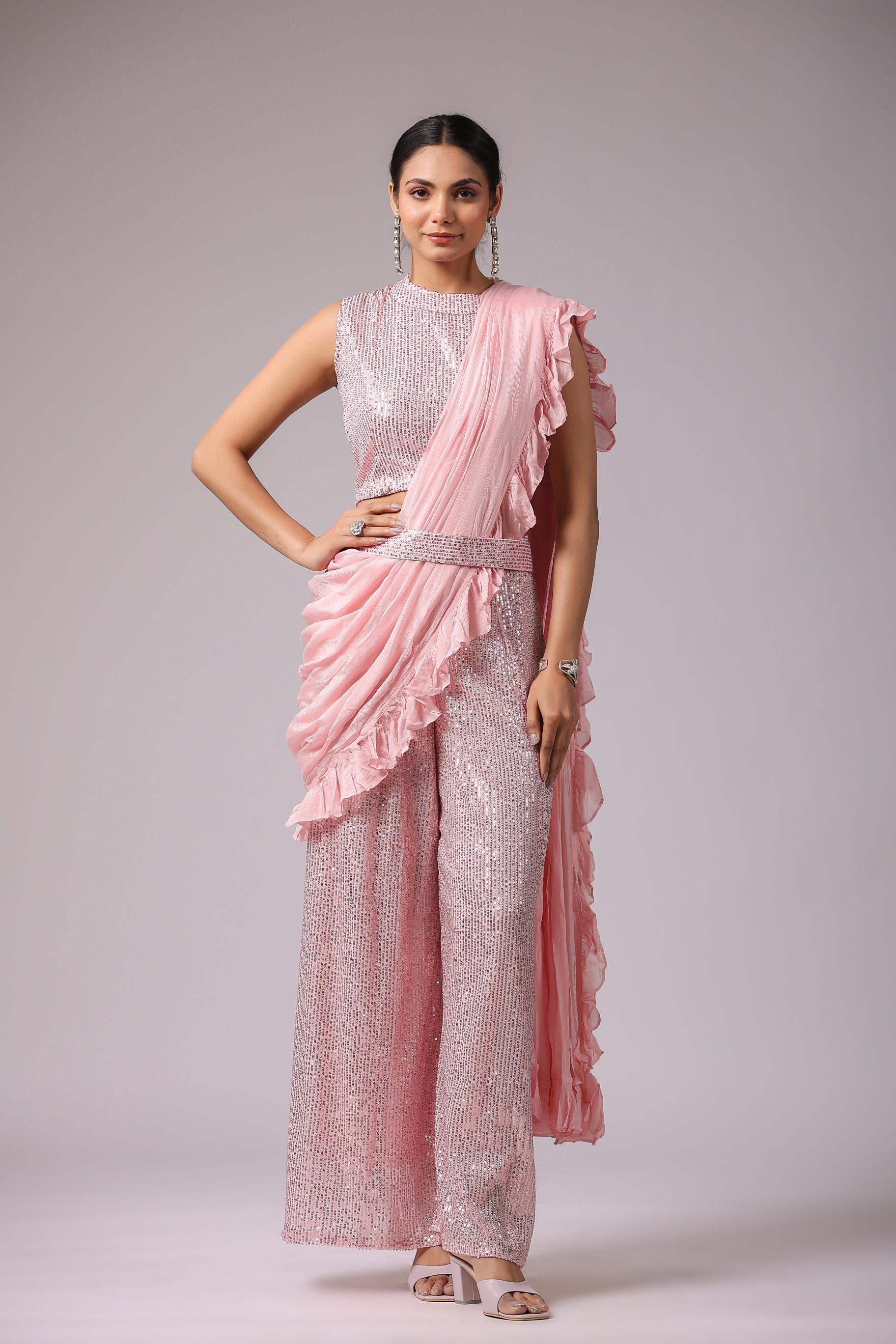 Soft Pink Embellished Premium Net Tunic & Palazzo Set