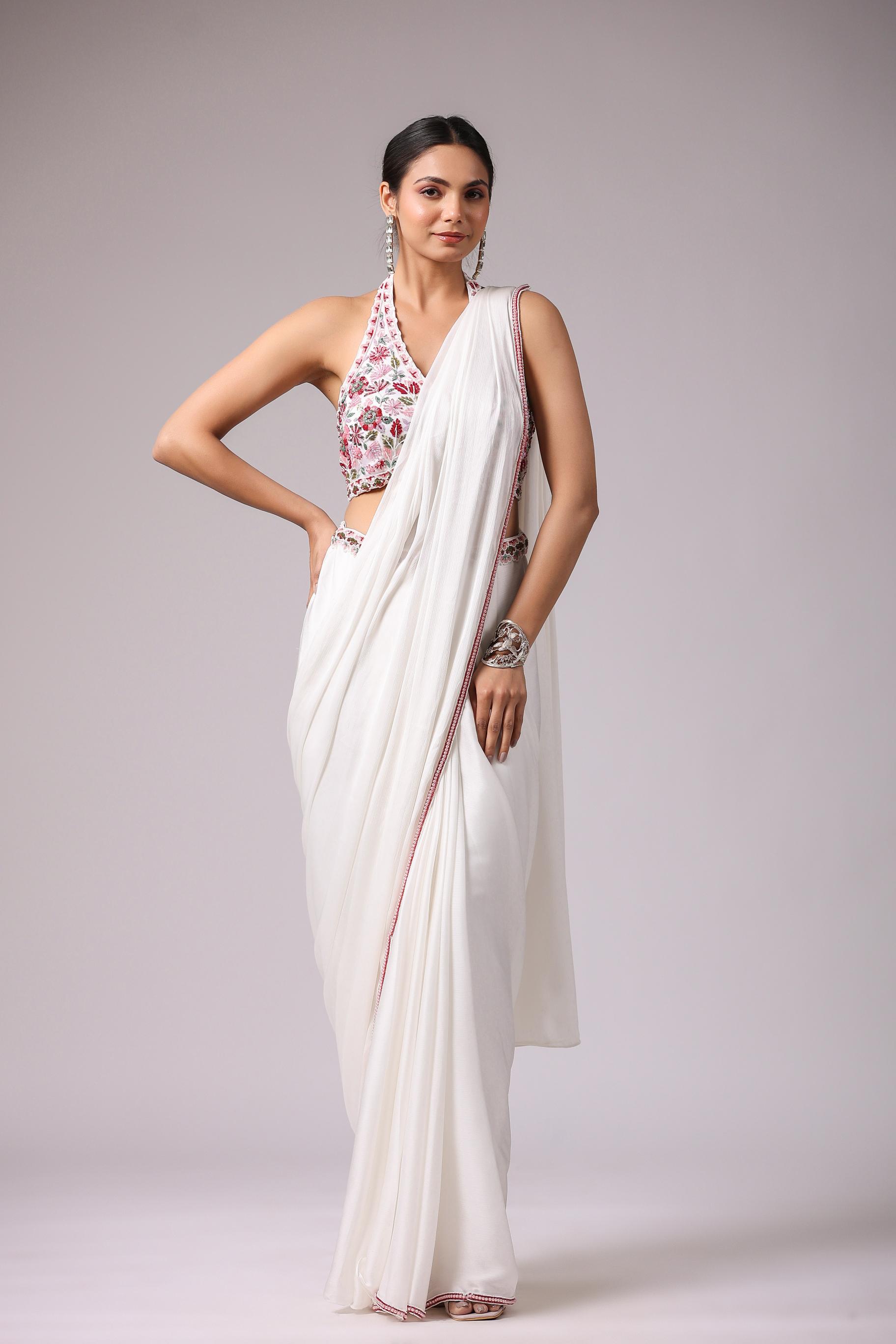 Pearl White Embellished Premium Chinon Silk Draped Saree