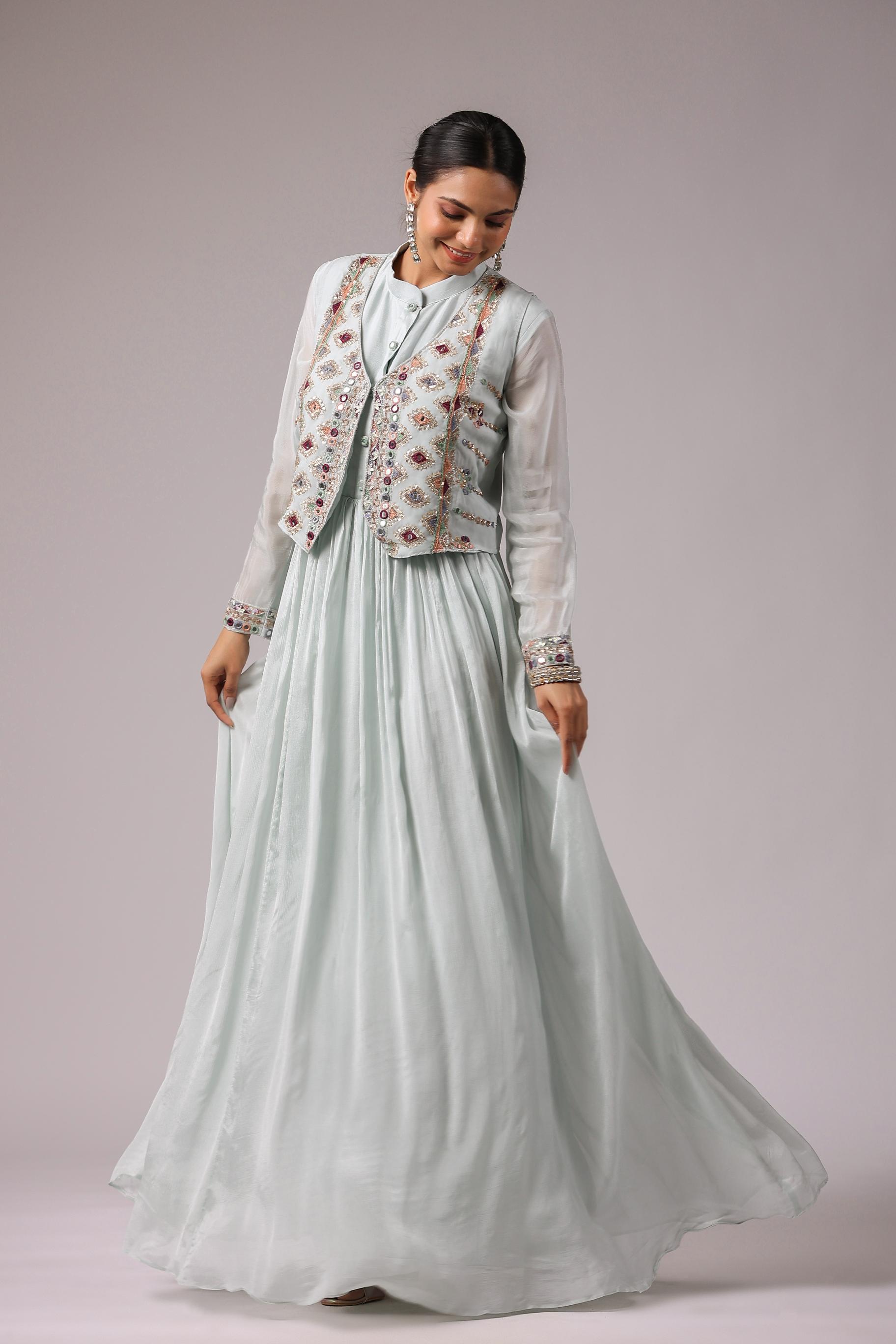 Light Blue Embroidered Premium Chinon Silk Jacket Gown