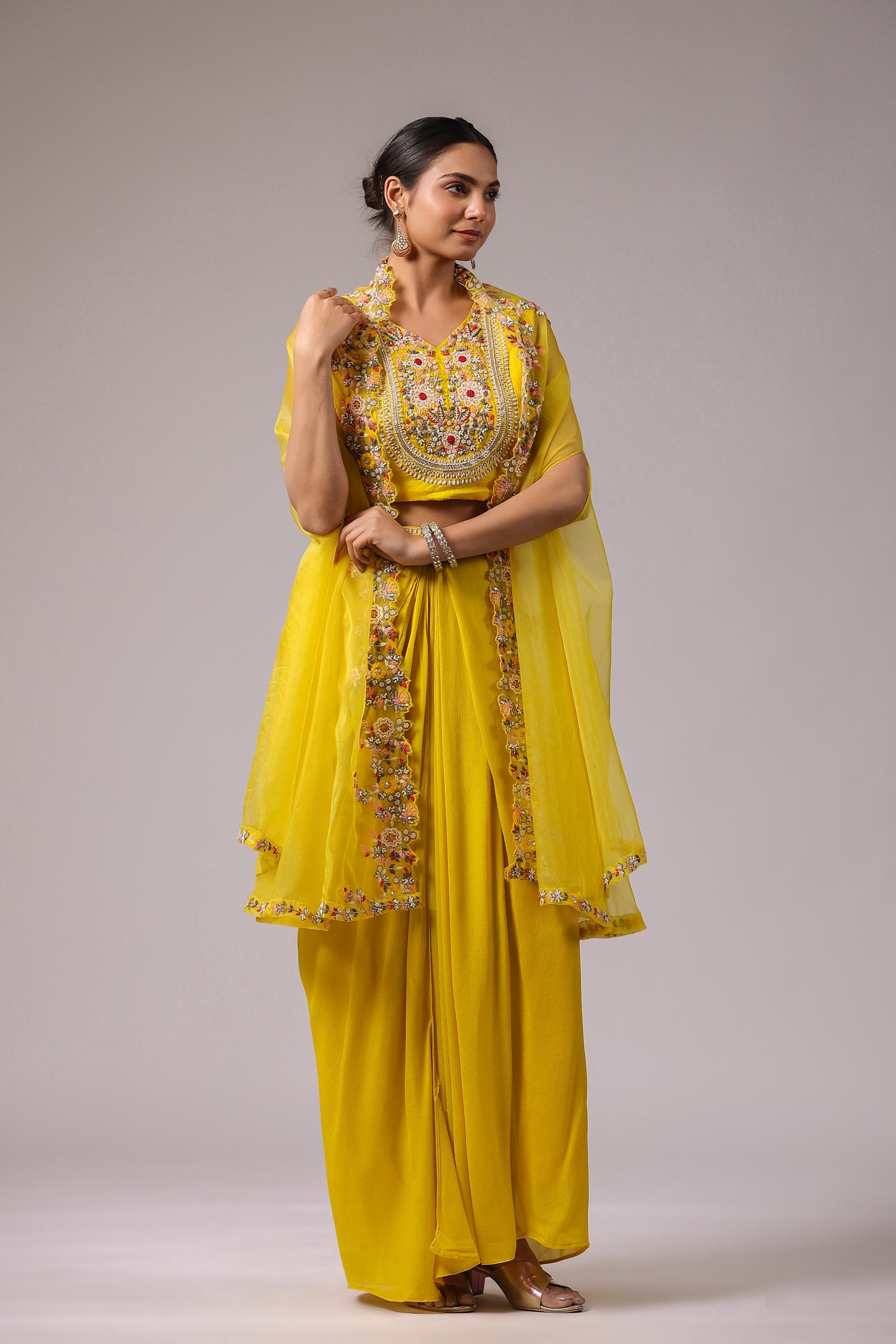 Bright Yellow Embroidered Premium Organza Silk Cape Set