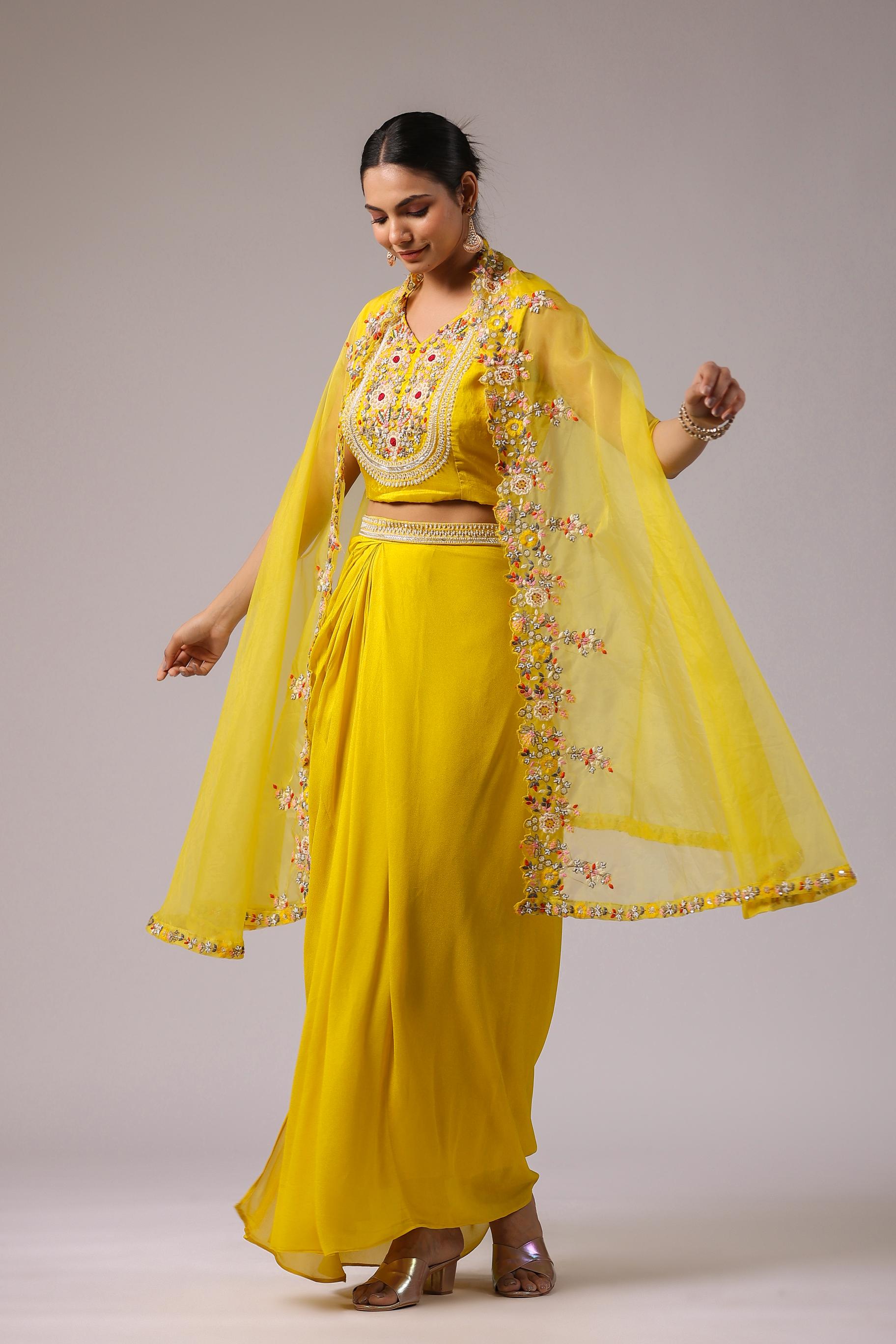 Bright Yellow Embroidered Premium Organza Silk Cape Set