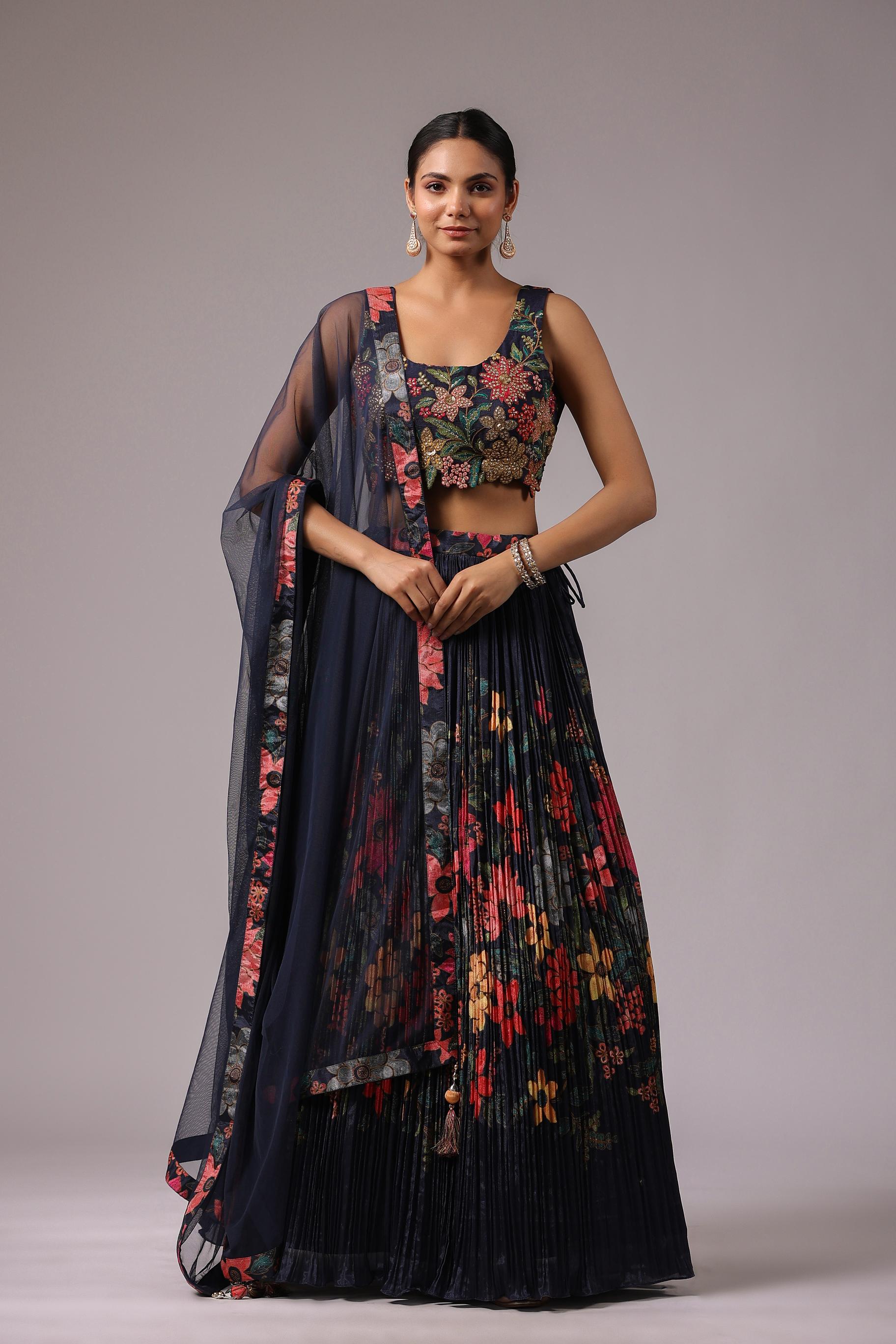 Deep Blue Floral Embroidered Premium Silk Lehenga Set