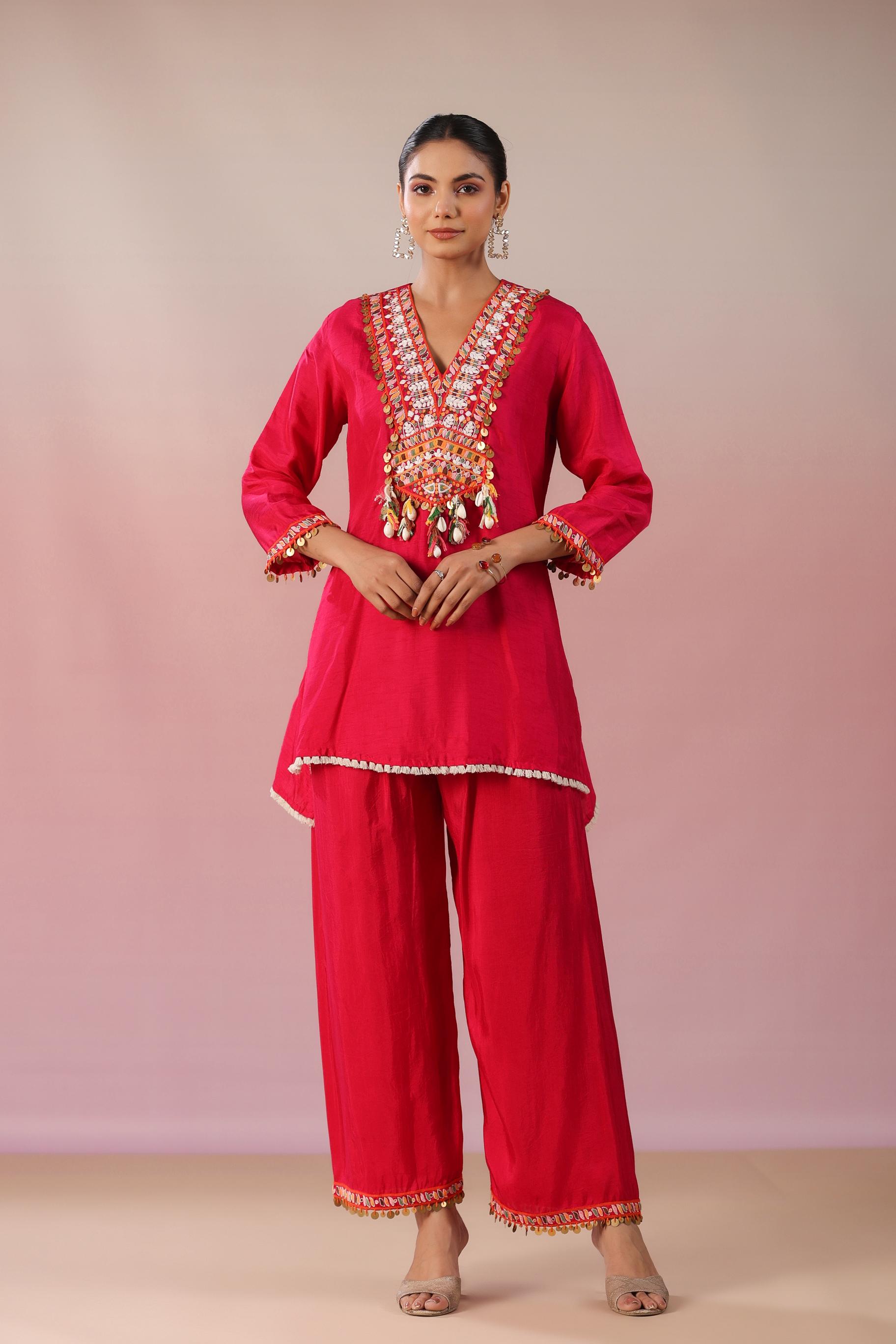 Rani Pink Embroidered Raw Silk Co-Ord Set