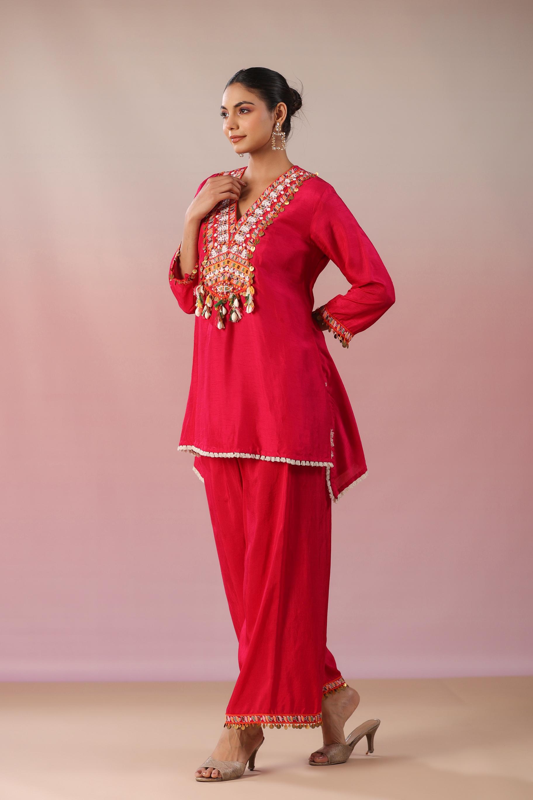 Rani Pink Embroidered Raw Silk Co-Ord Set