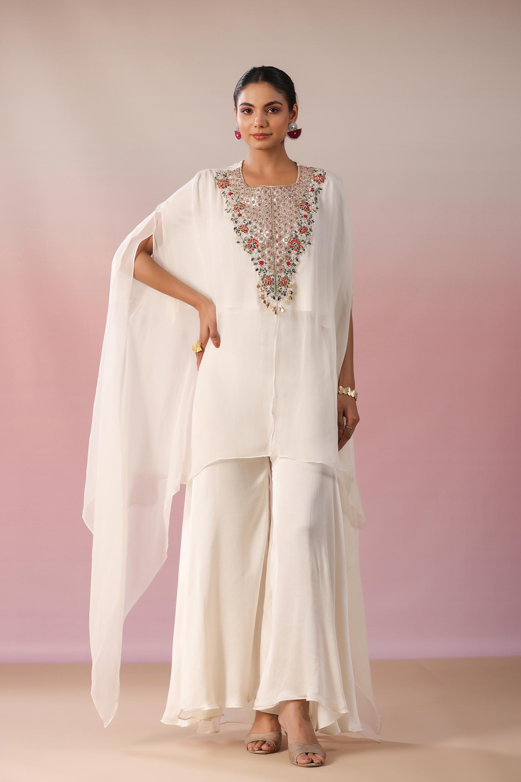 Off White Embellished Premium Organza Silk Kaftan & Palazzo Set