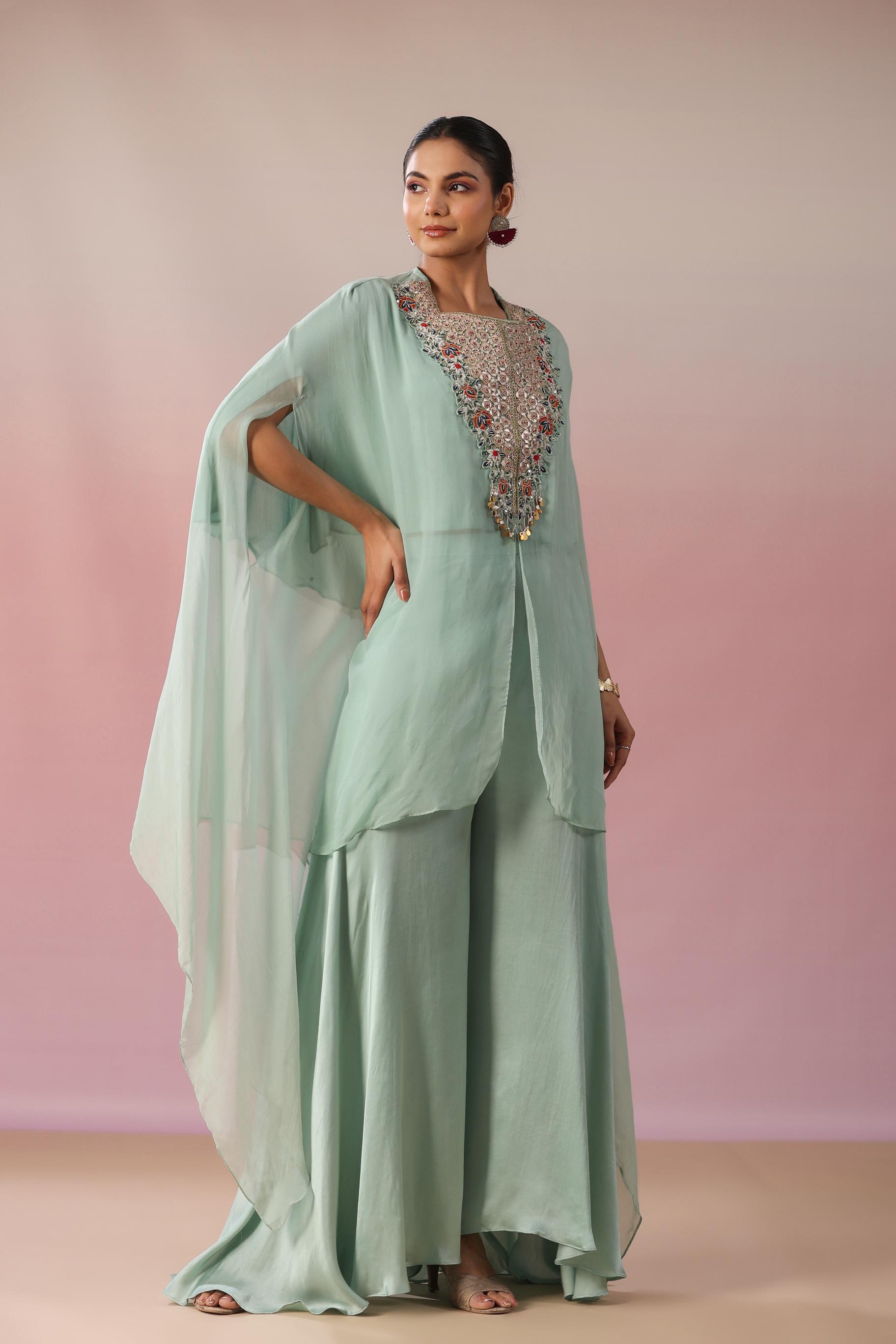 Light Turquoise Embellished Premium Organza Silk Kaftan & Palazzo Set
